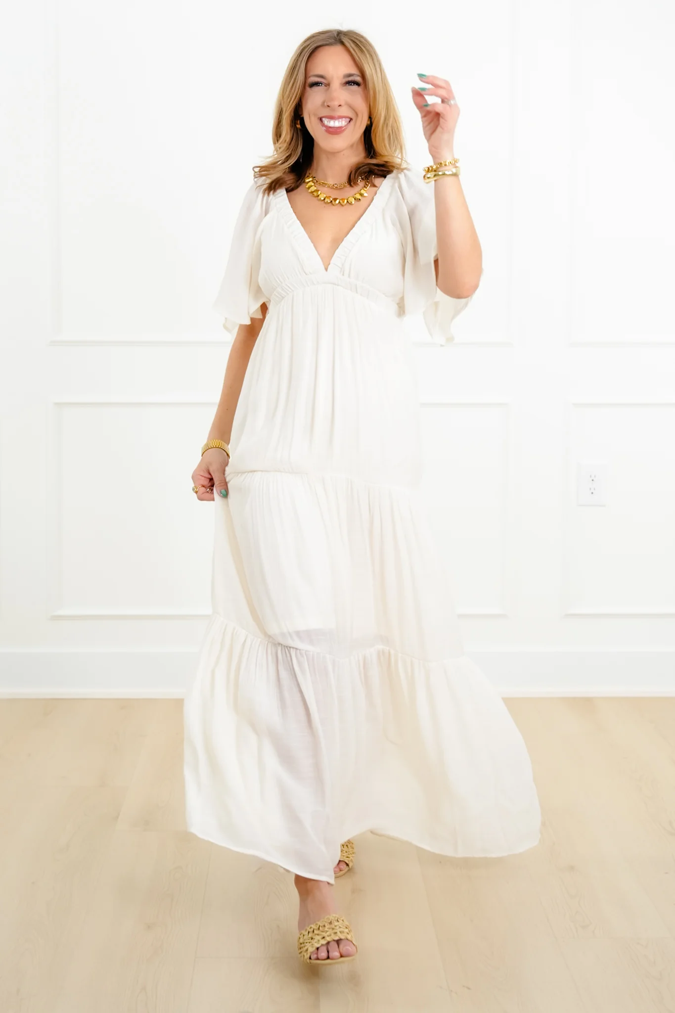 Solid Short Sleeve V-Neck Tiered Maxi Dress - Image 4
