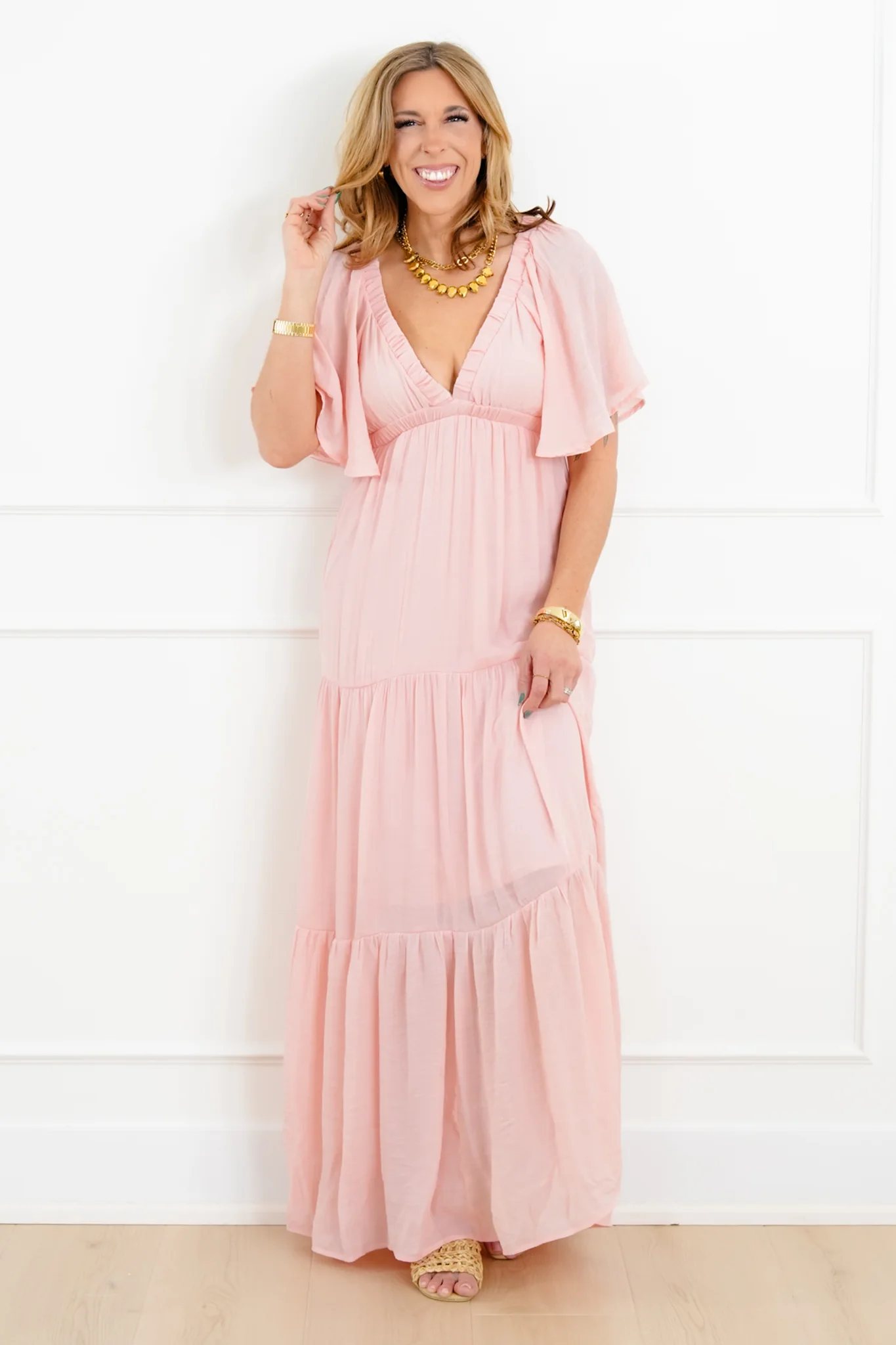 Solid Short Sleeve V-Neck Tiered Maxi Dress - Image 5