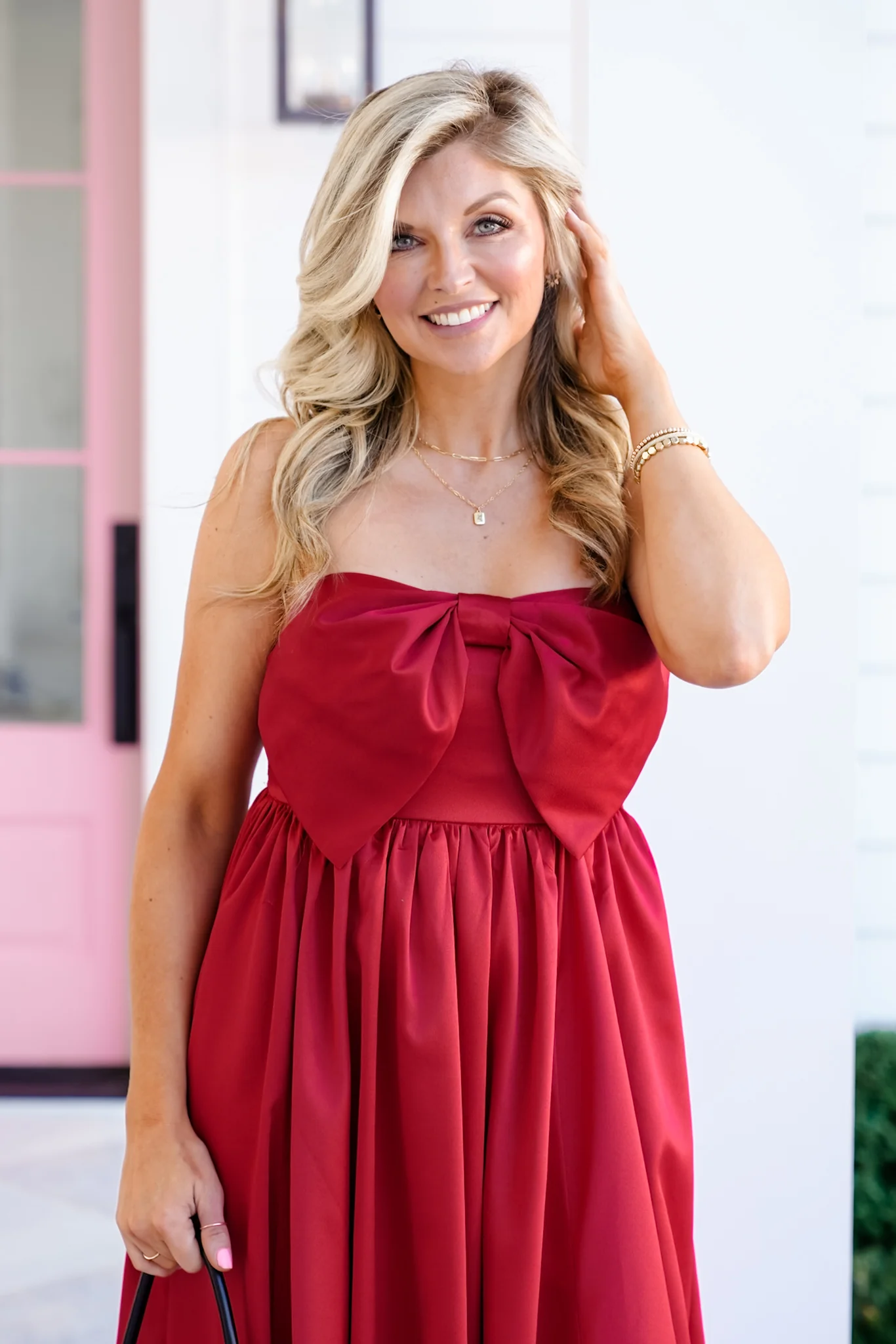 Solid Strapless Bubble Hem Midi Dress with Bow - Image 3