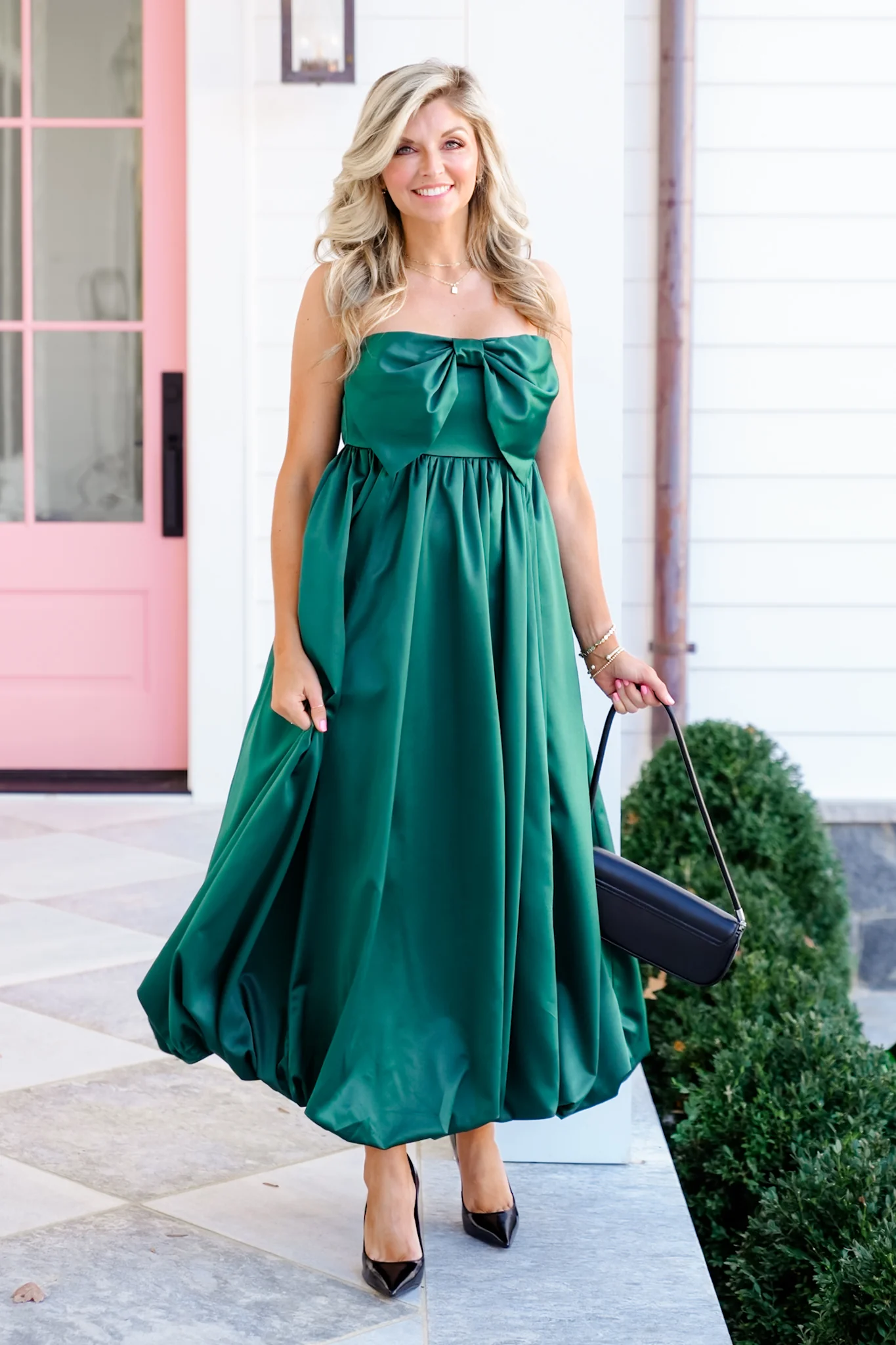 Solid Strapless Bubble Hem Midi Dress with Bow - Image 4