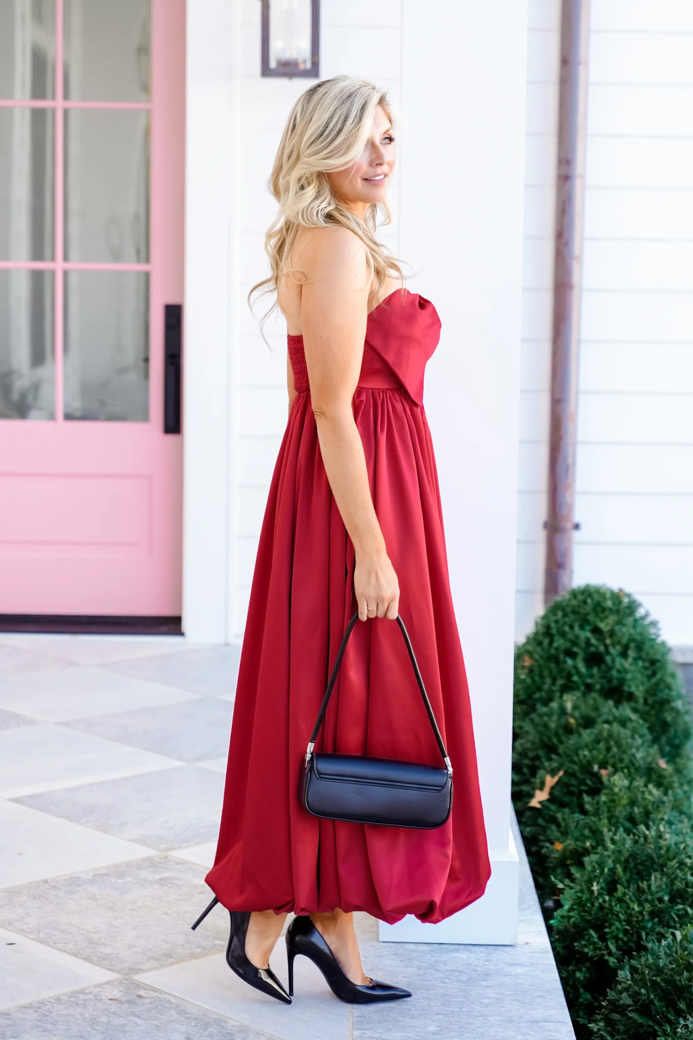 Solid Strapless Bubble Hem Midi Dress with Bow - Image 5