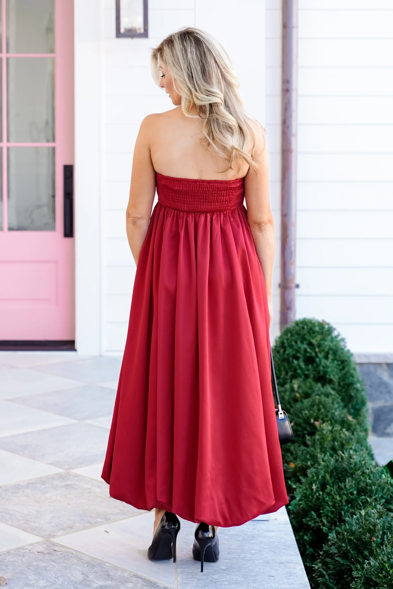 Solid Strapless Bubble Hem Midi Dress with Bow - Image 6