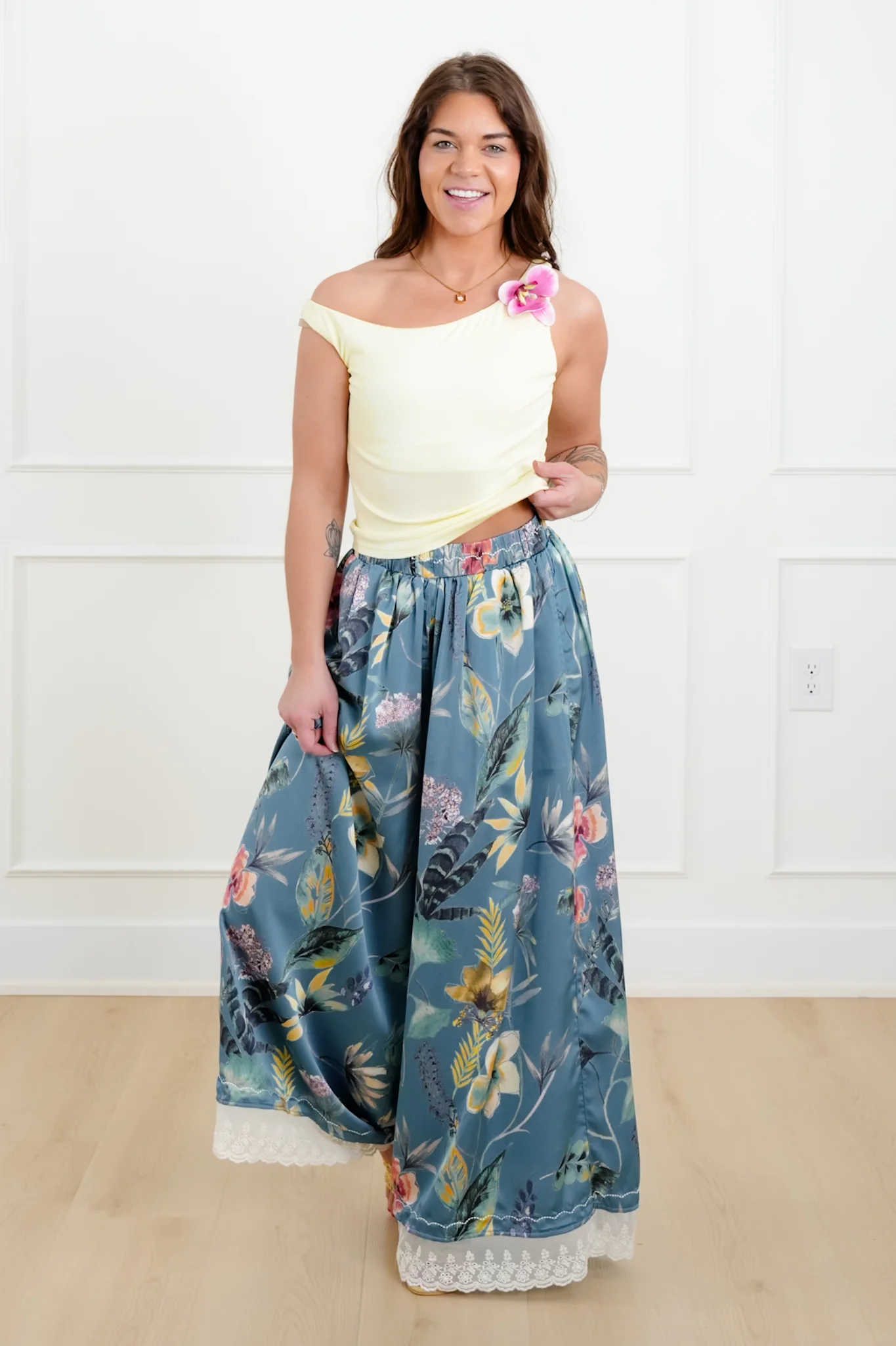 Solid Tank Top with Flower Accent - Image 3