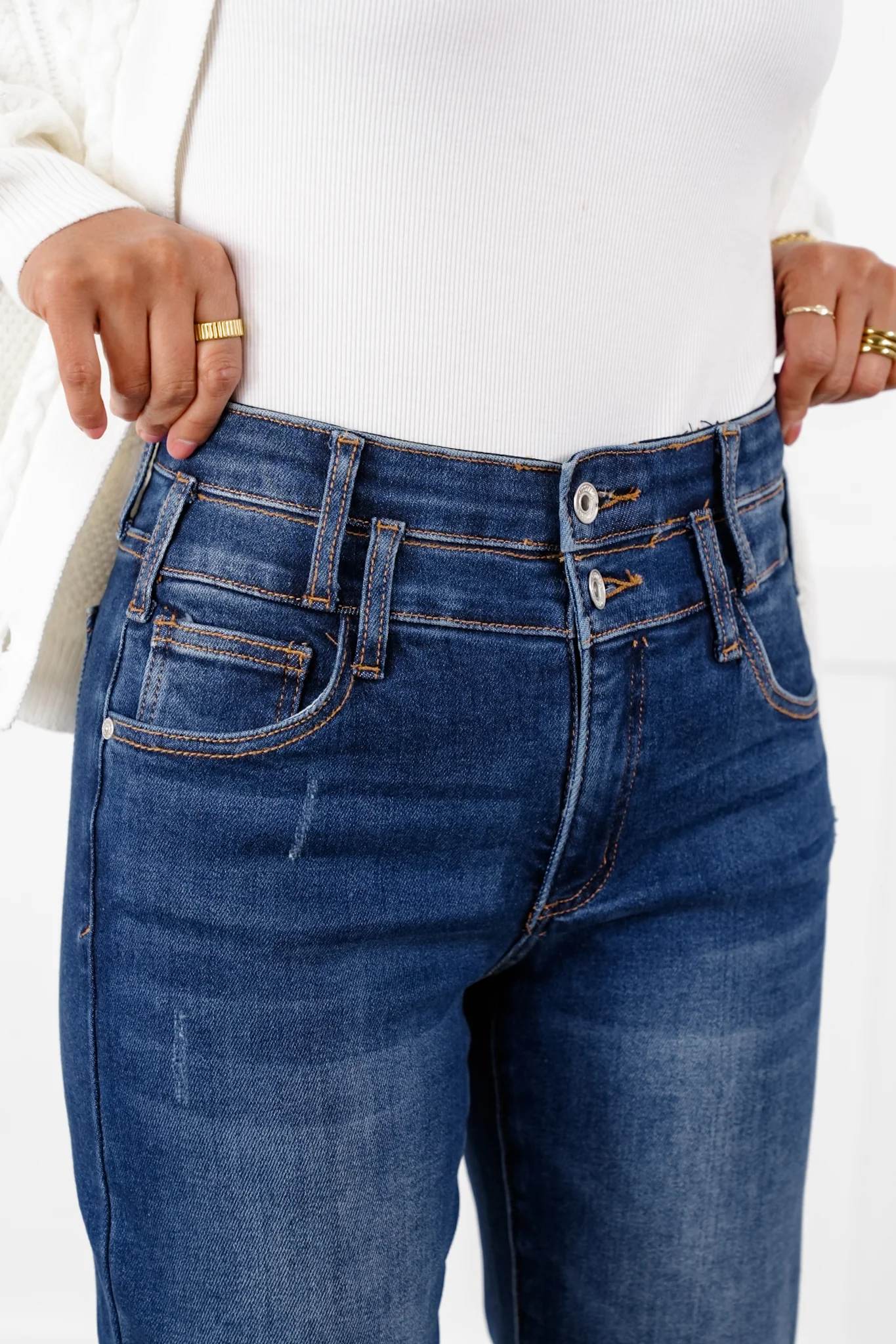 Special A High Rise Dark Wash Dad Jeans with Double Waist Detail - Image 2