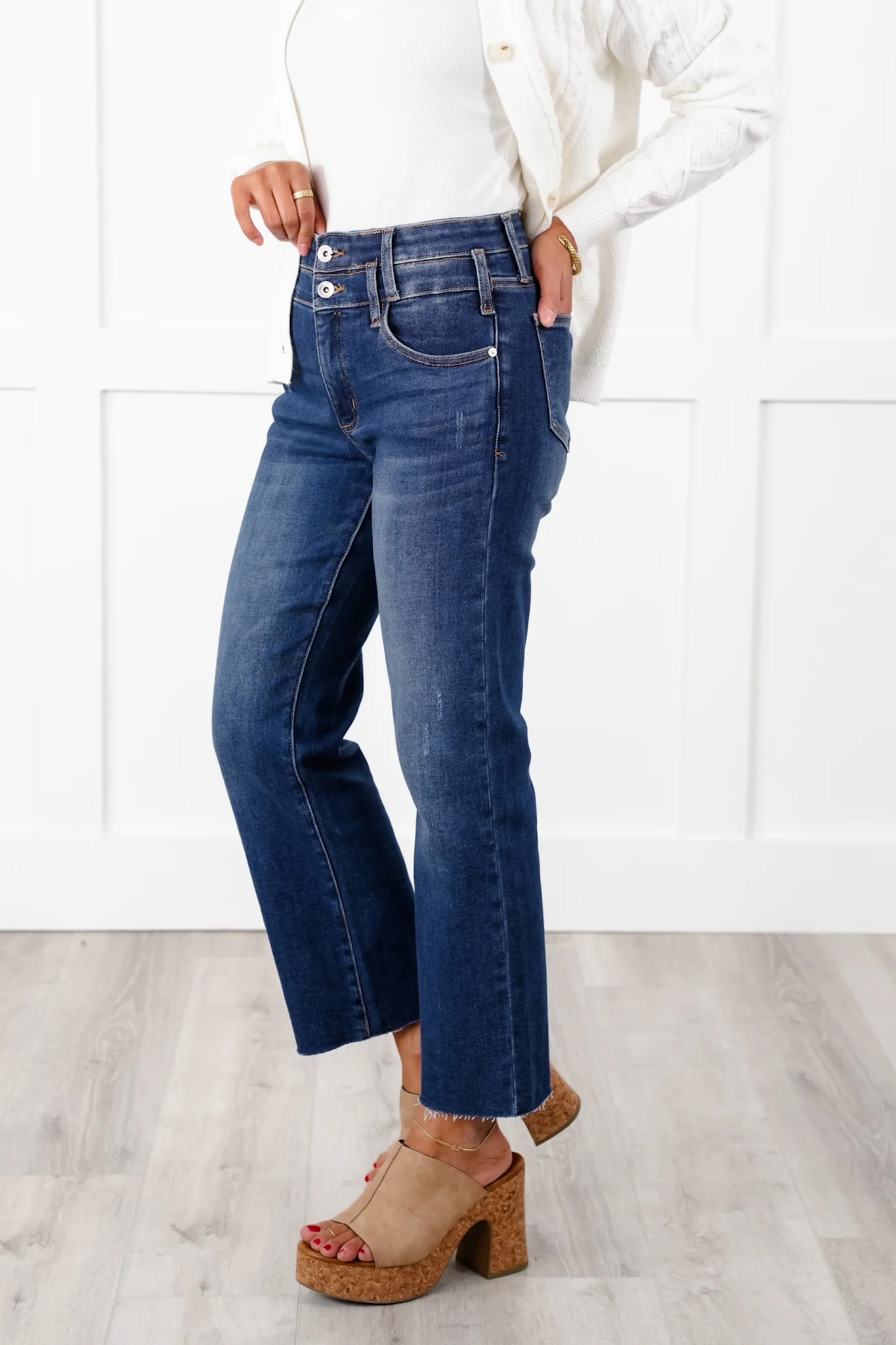 Special A High Rise Dark Wash Dad Jeans with Double Waist Detail - Image 3