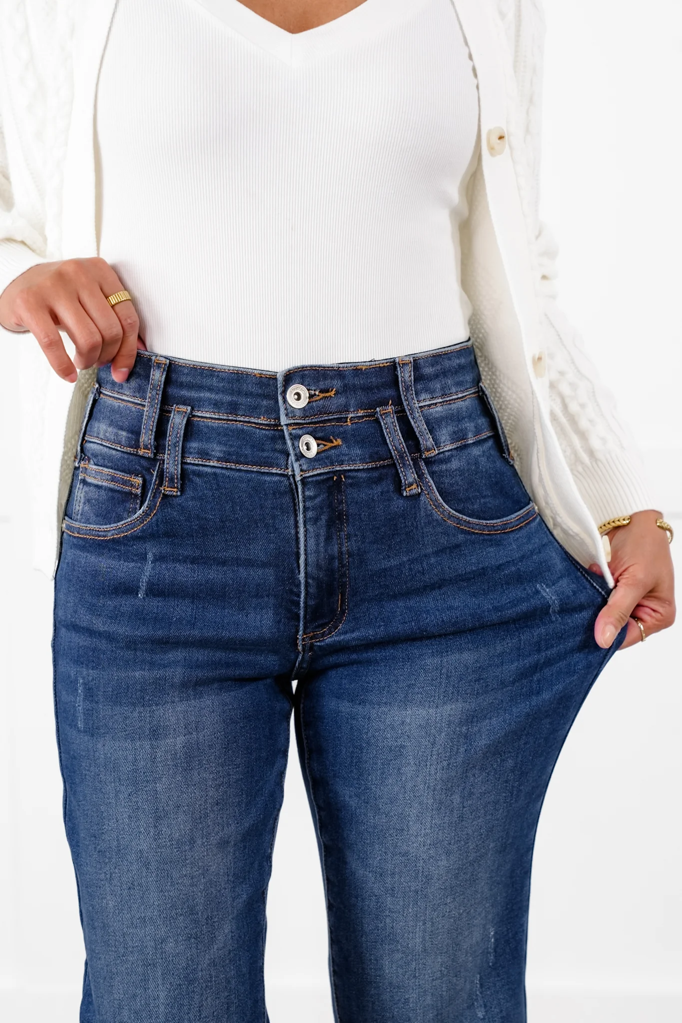 Special A High Rise Dark Wash Dad Jeans with Double Waist Detail - Image 6