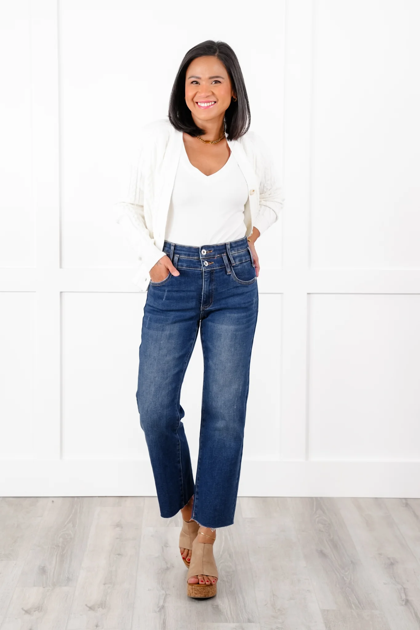 Special A High Rise Dark Wash Dad Jeans with Double Waist Detail - Image 8