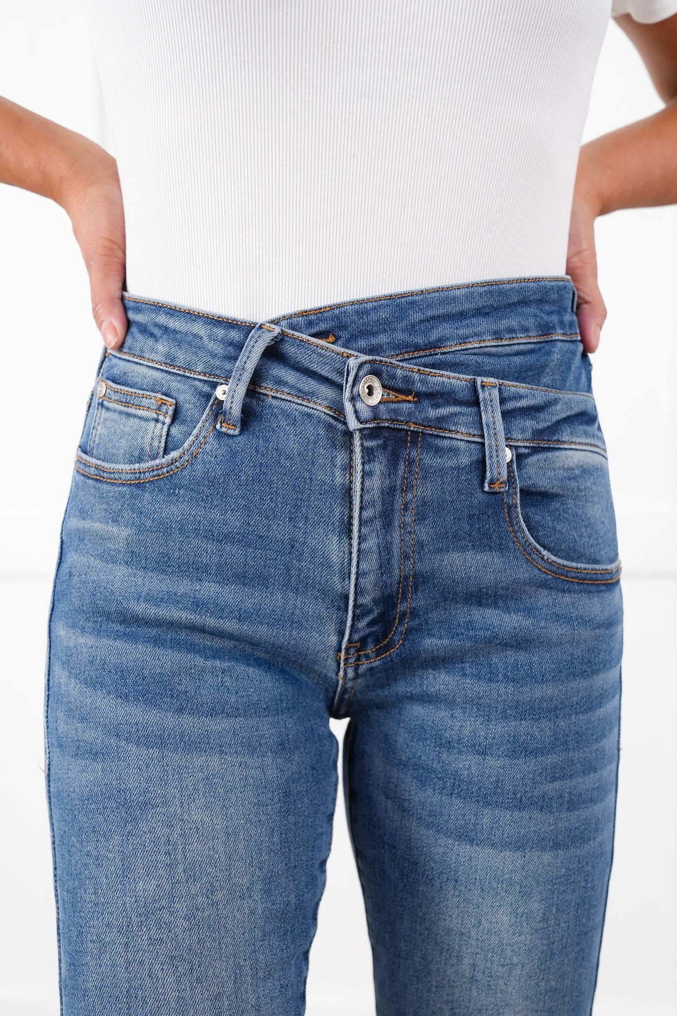 Special A High Rise Medium Wash Skinny Bootcut Jeans with Waist Detail - Image 2