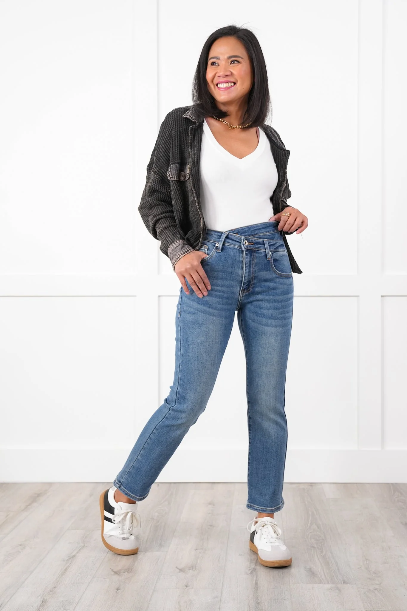 Special A High Rise Medium Wash Skinny Bootcut Jeans with Waist Detail - Image 3