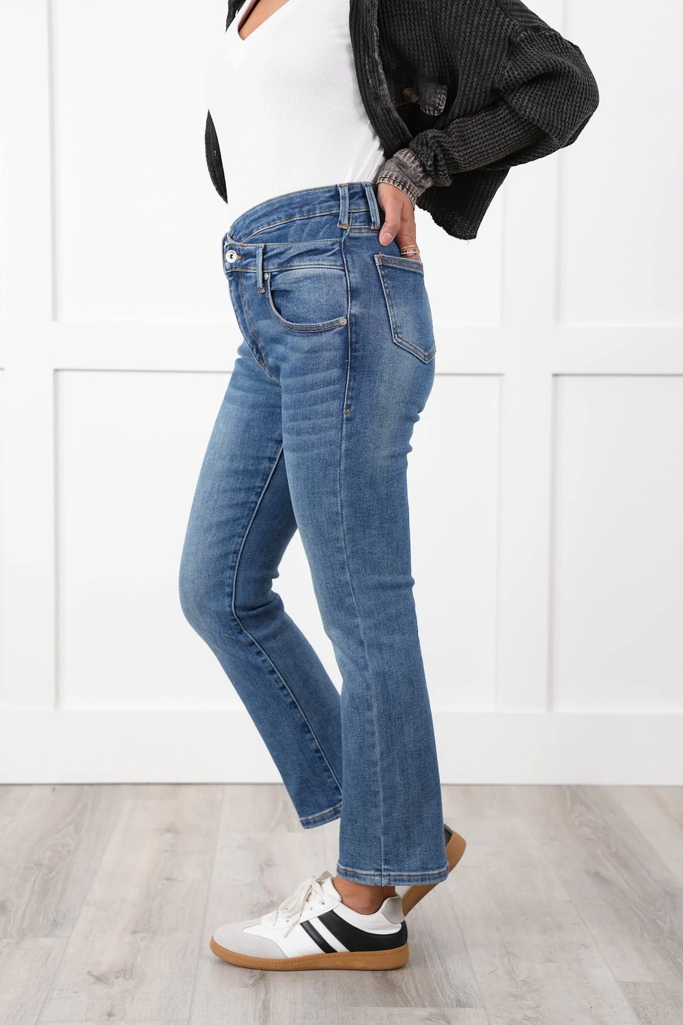 Special A High Rise Medium Wash Skinny Bootcut Jeans with Waist Detail - Image 4