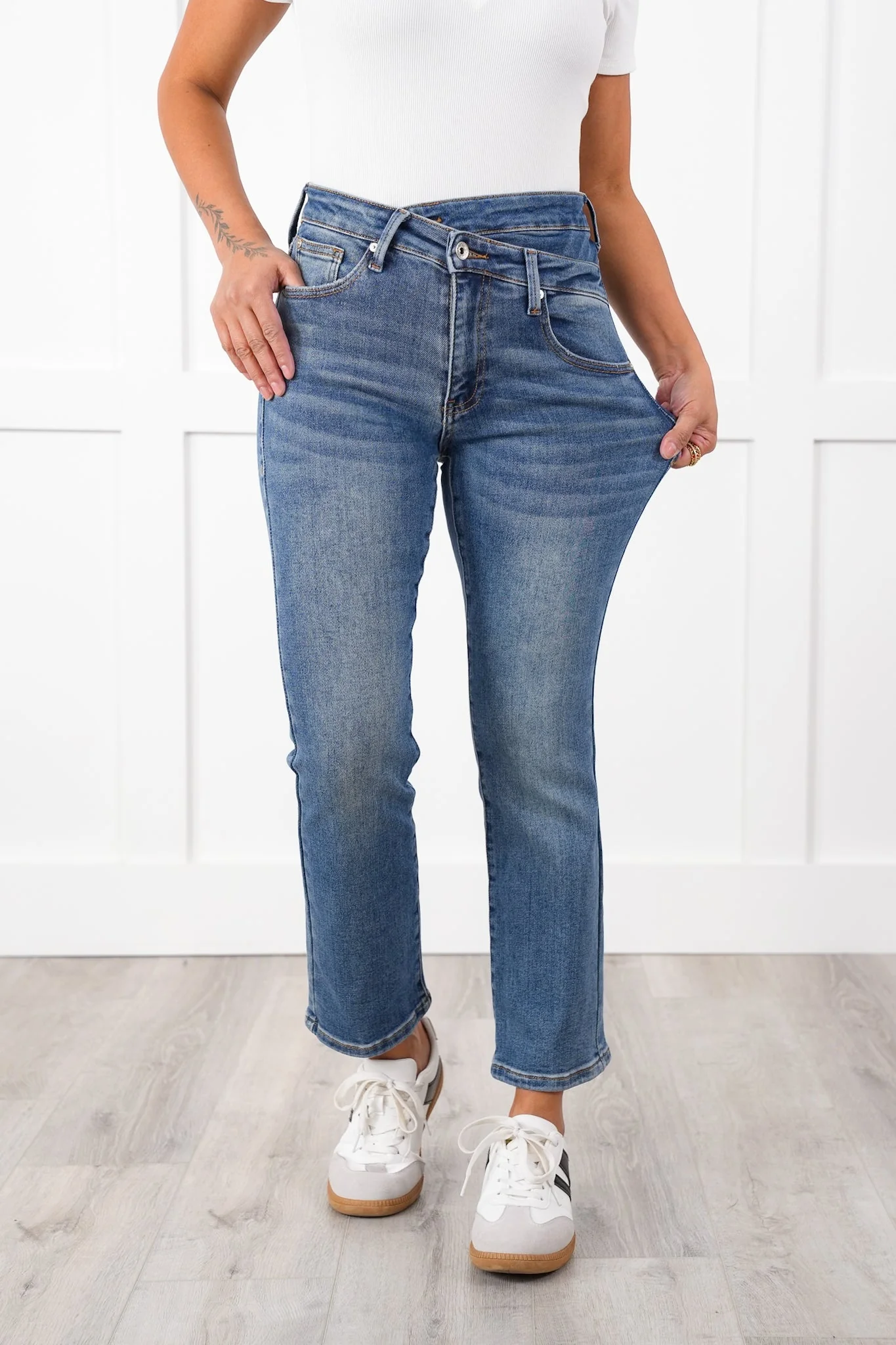 Special A High Rise Medium Wash Skinny Bootcut Jeans with Waist Detail - Image 8