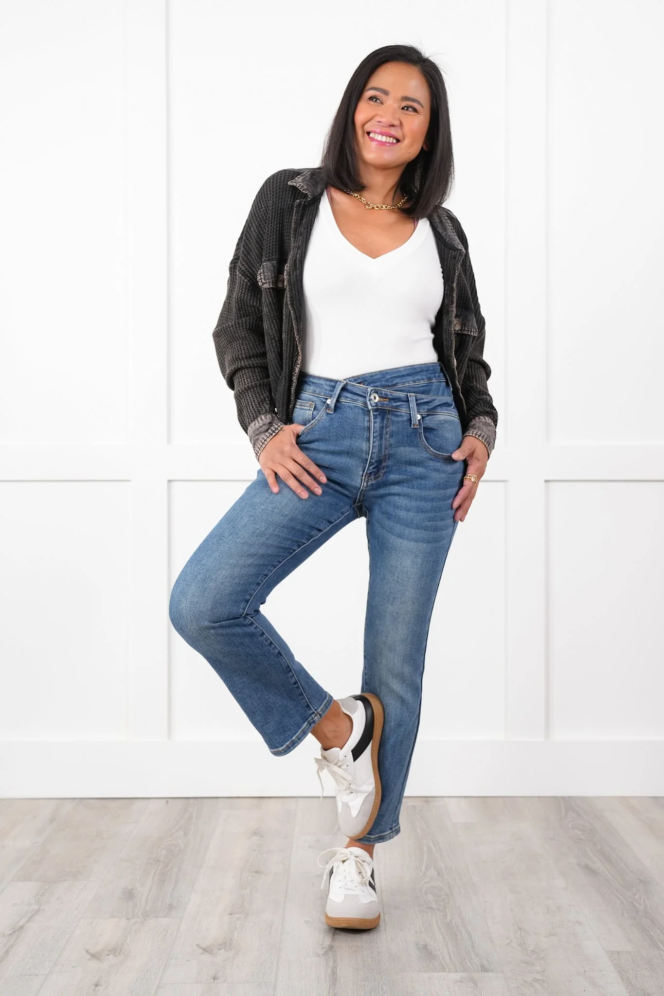 Special A High Rise Medium Wash Skinny Bootcut Jeans with Waist Detail - Image 9