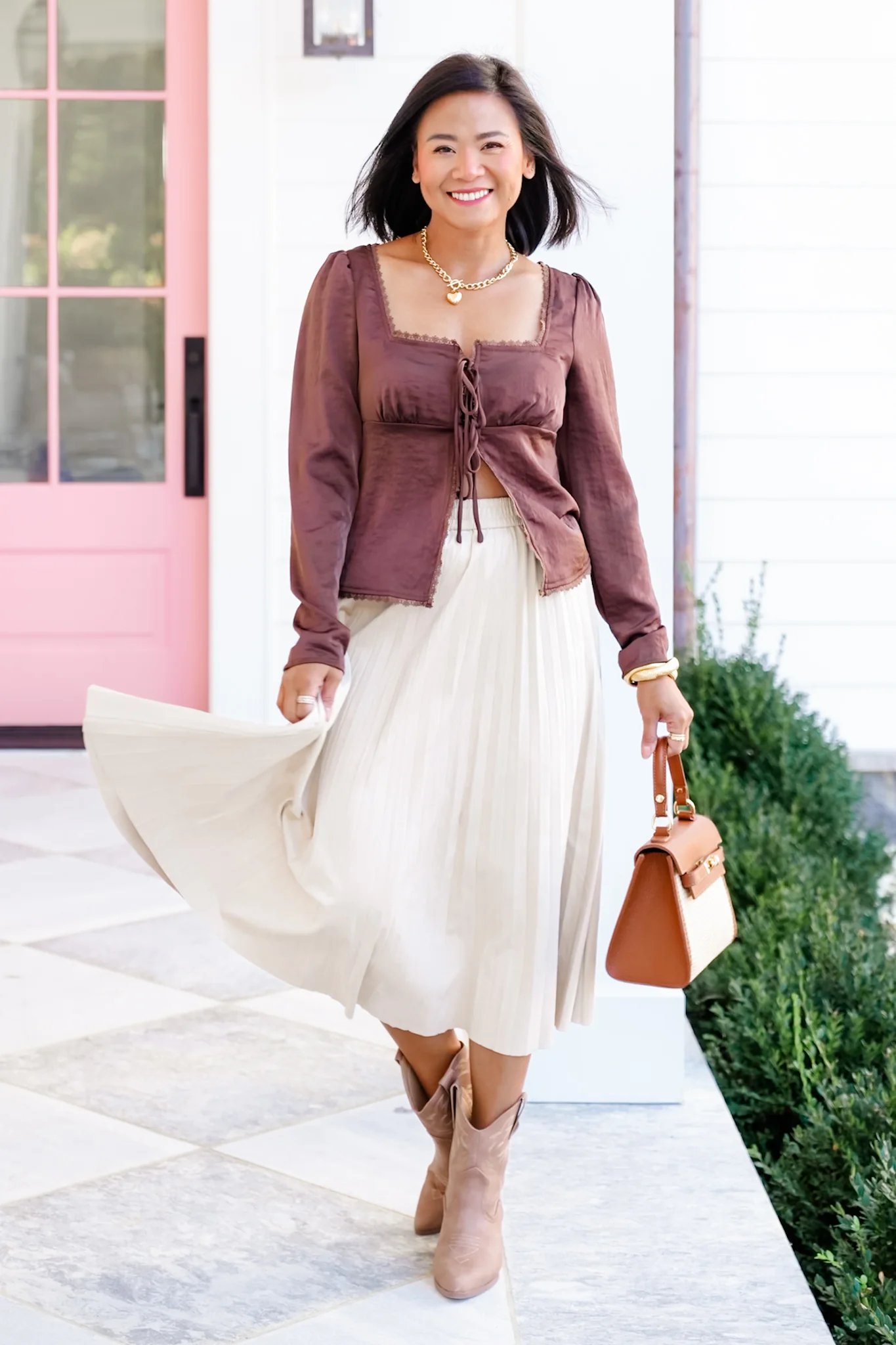 Square Neck Front Tie Long Sleeve Top with Lace Trim - Image 2