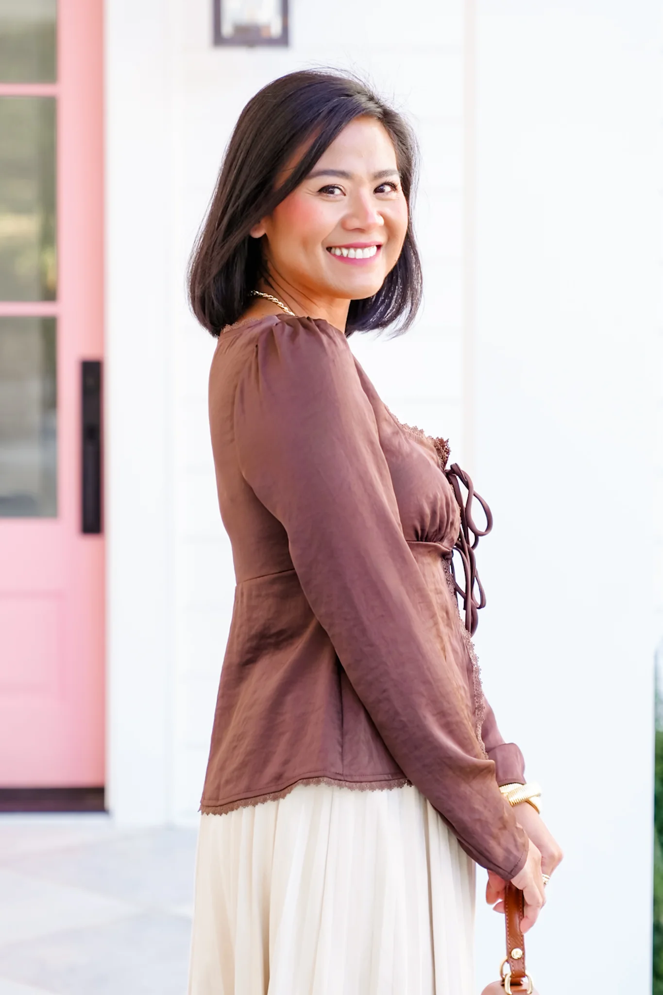 Square Neck Front Tie Long Sleeve Top with Lace Trim - Image 3