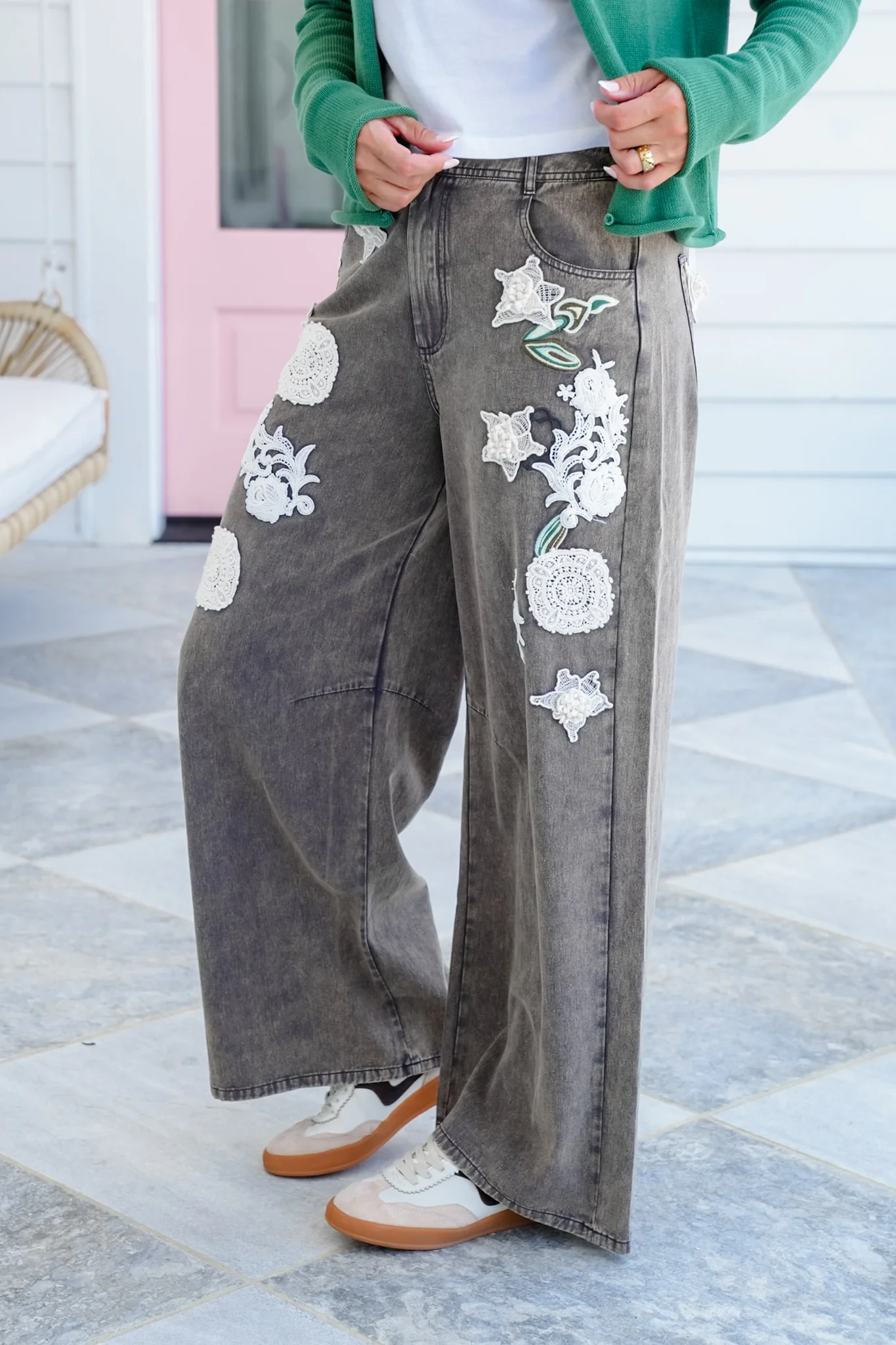 Straight Leg Pants with Floral Crochet Detail - Image 2