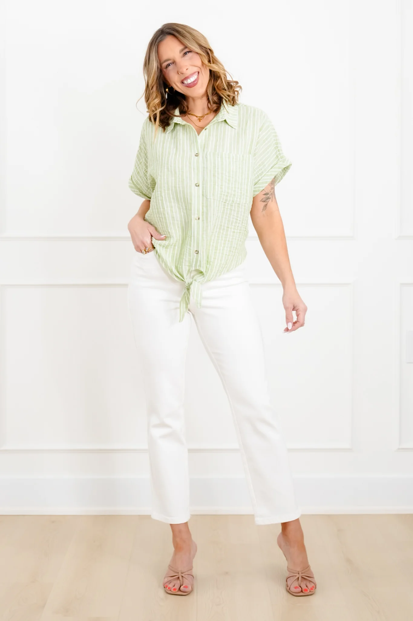 Stripe Short Sleeve Button Down Top with Front Tie - Image 7