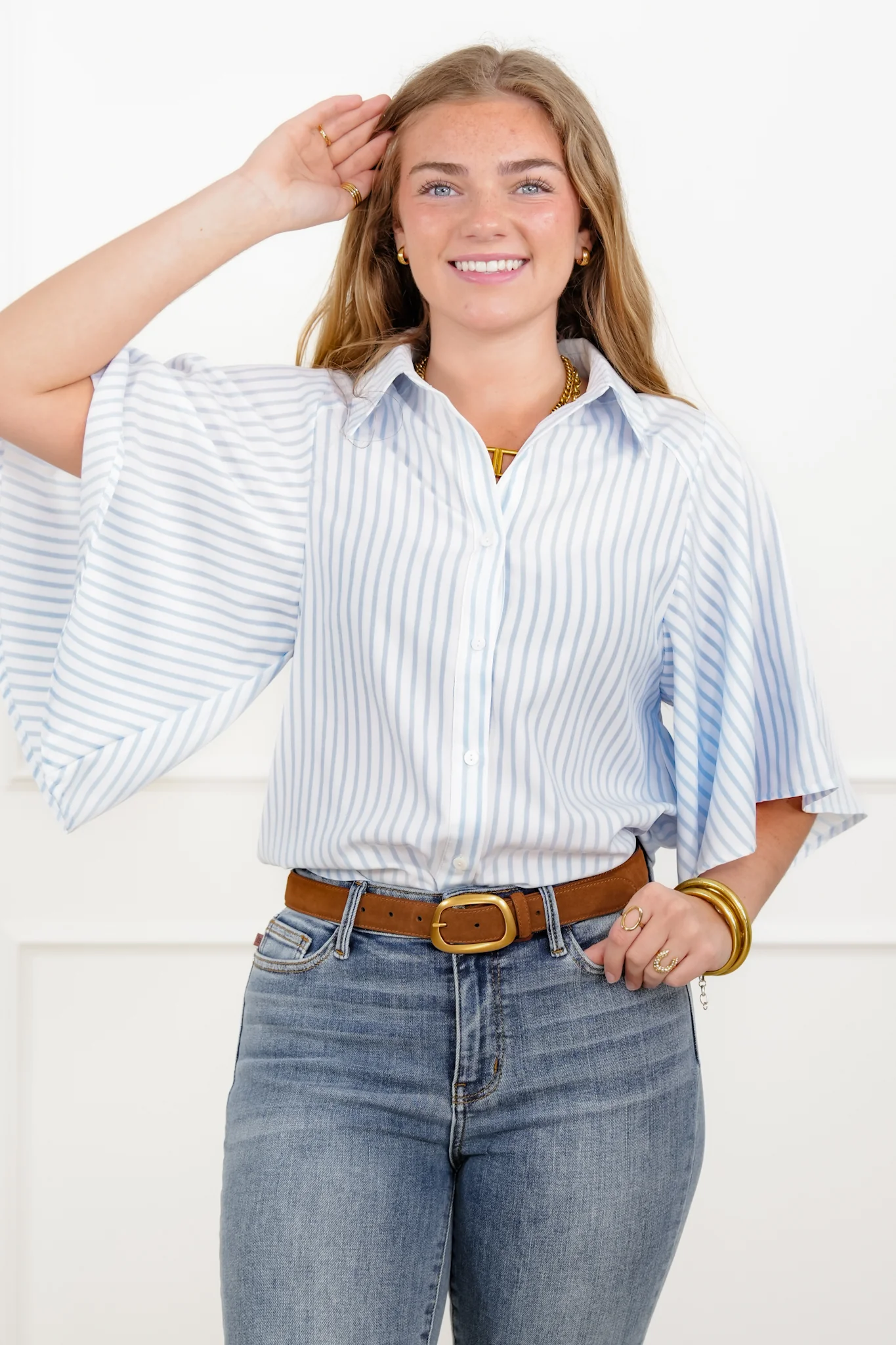 Stripe Kimono Sleeve Button Down Top - Image 3