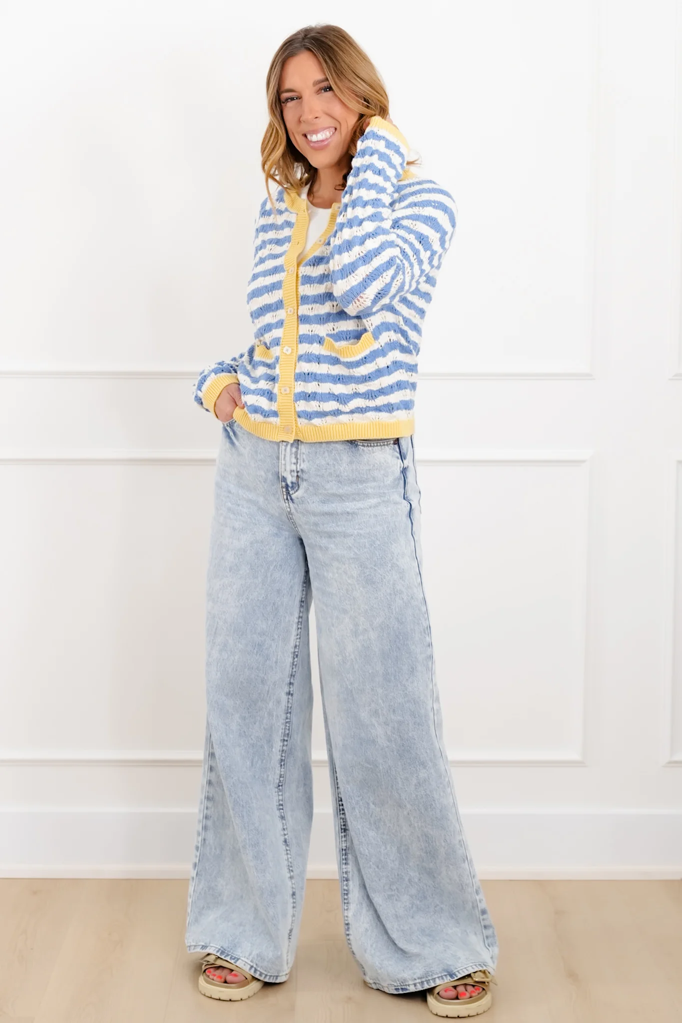 Stripe Knit Long Sleeve Button Down Cardigan - Image 6