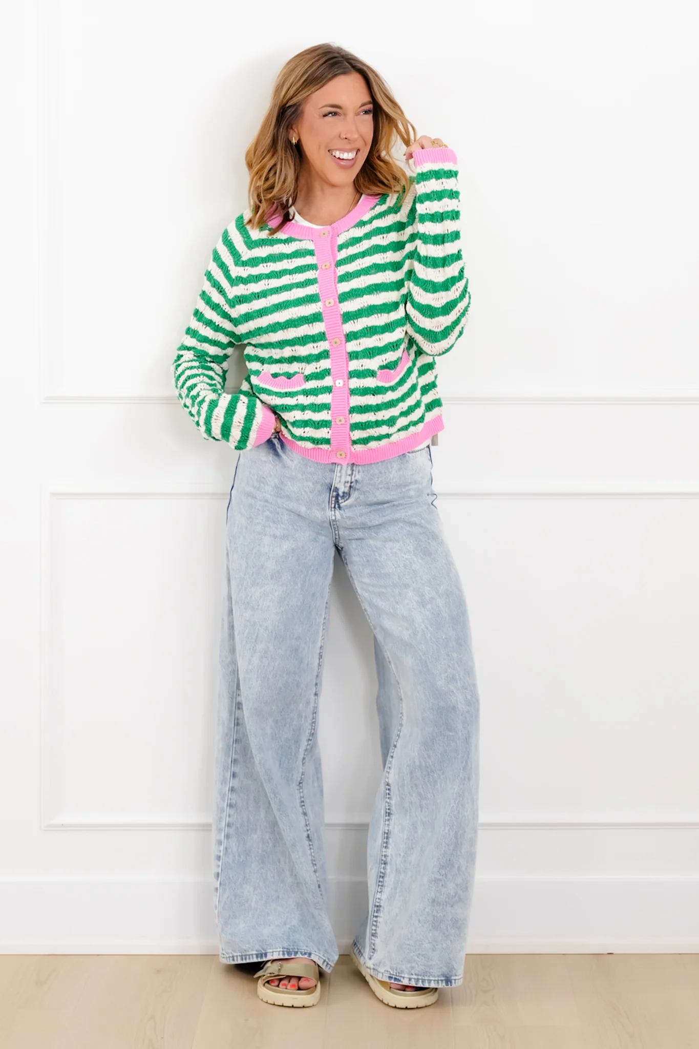 Stripe Knit Long Sleeve Button Down Cardigan - Image 7