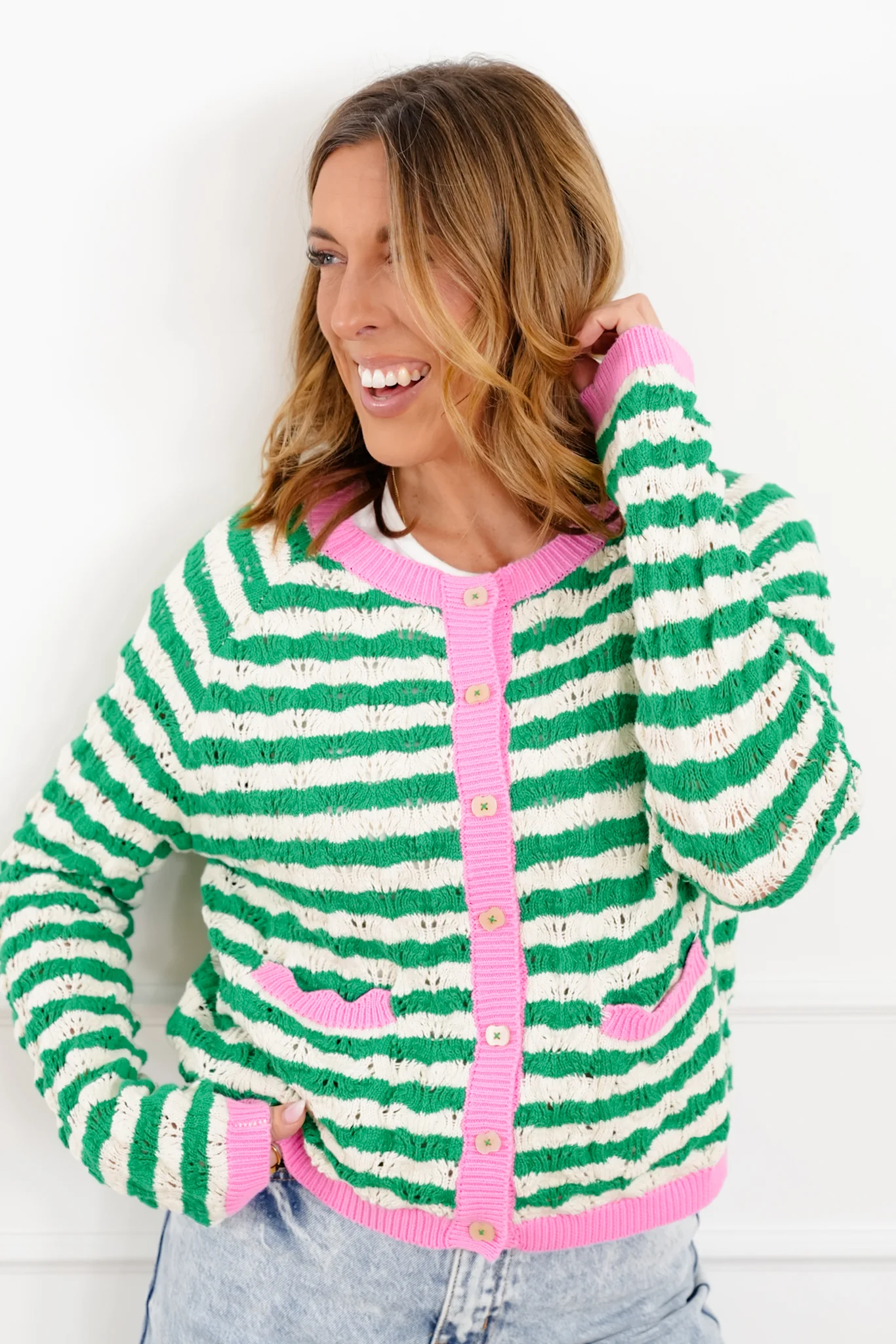 Stripe Knit Long Sleeve Button Down Cardigan - Image 8