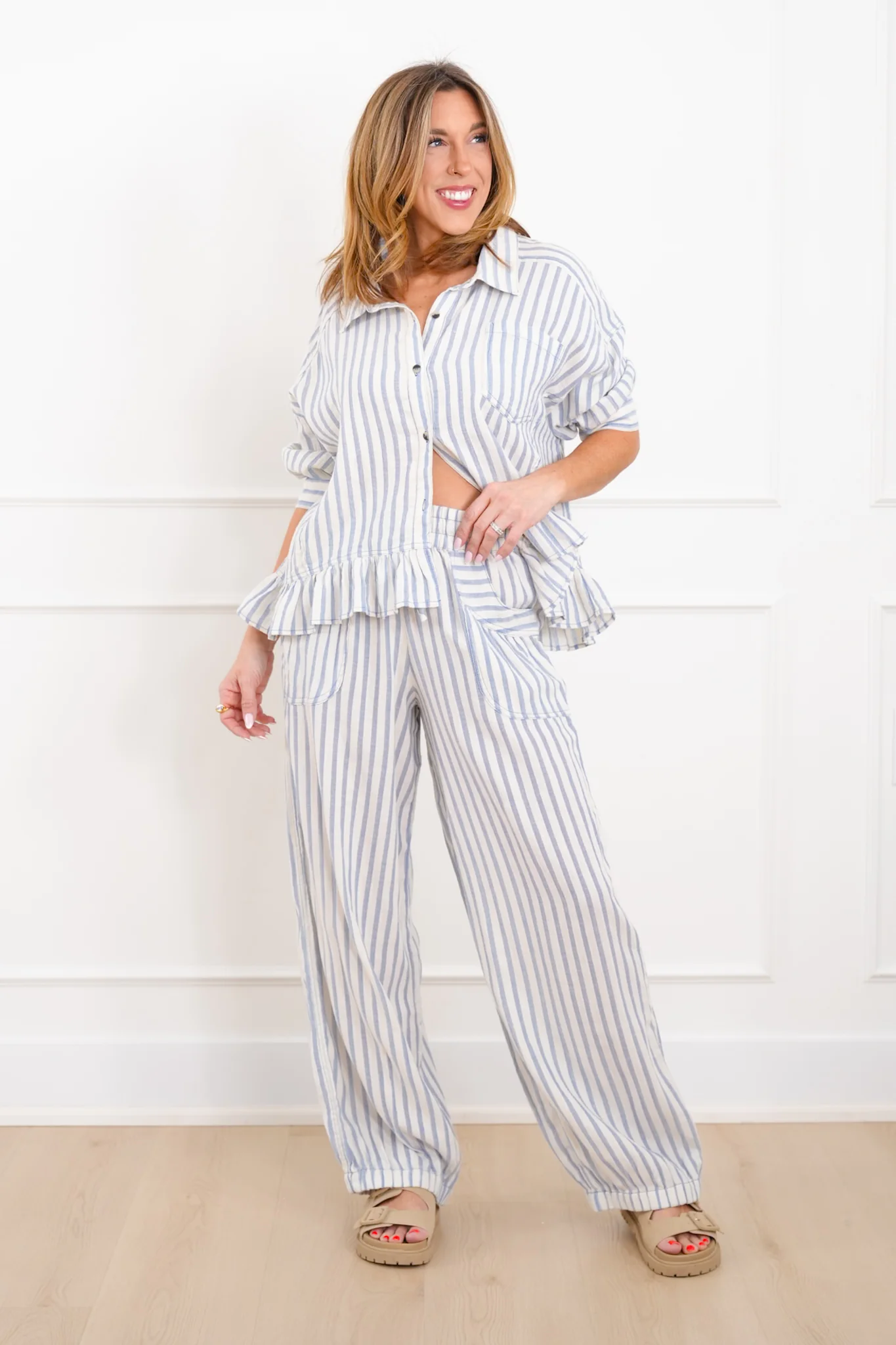 Stripe Linen Blend Button Down Top with Ruffle Hem - Image 4