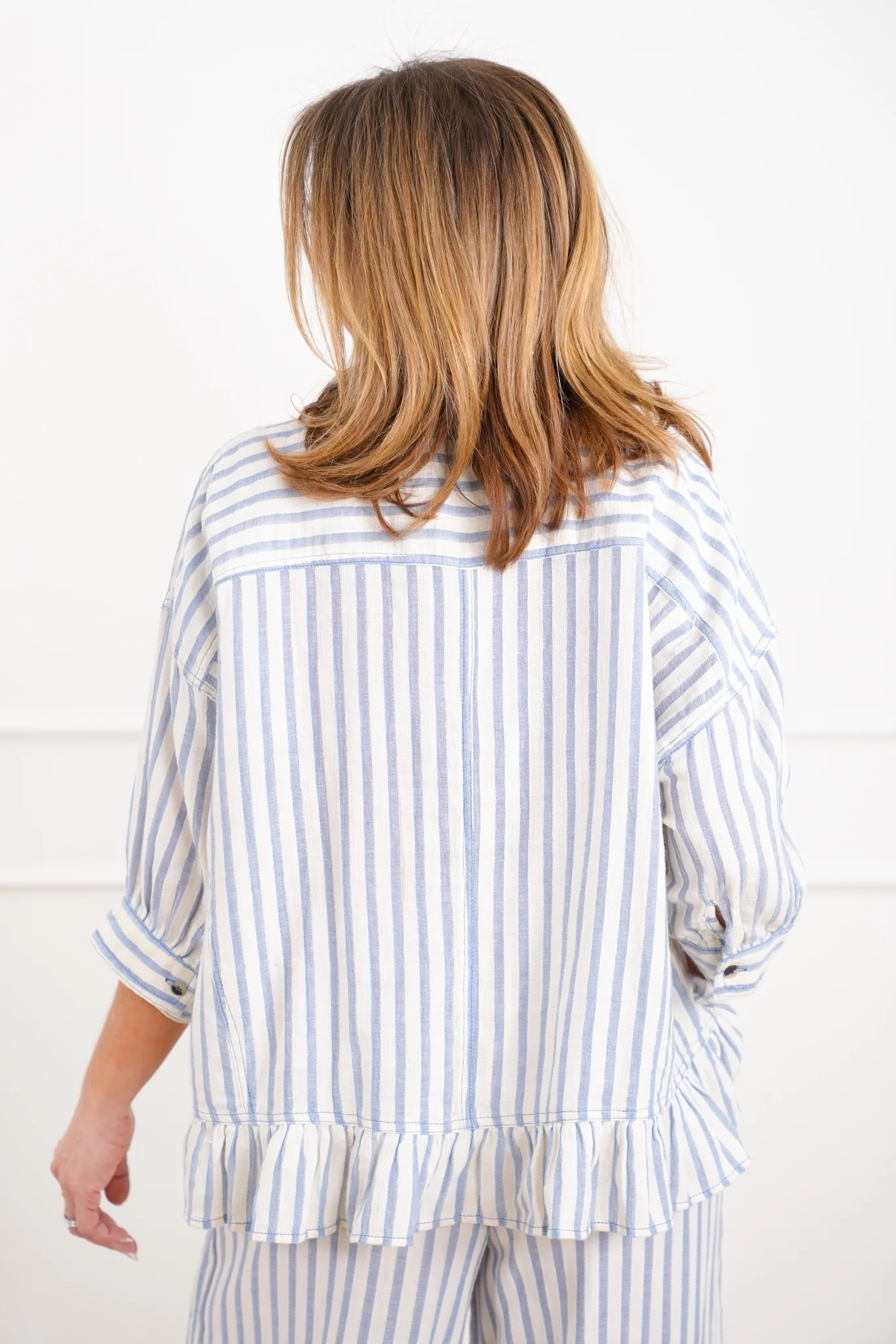 Stripe Linen Blend Button Down Top with Ruffle Hem - Image 9