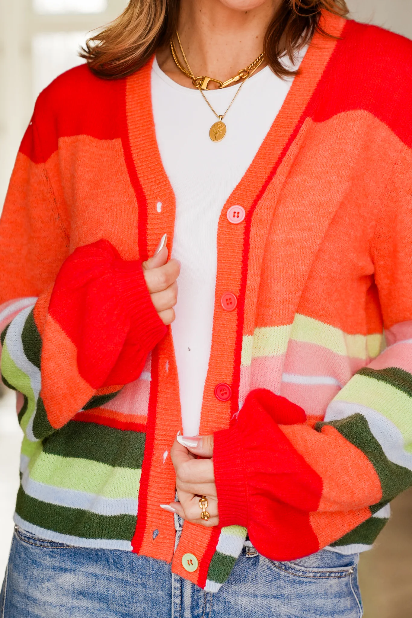 Stripe Long Balloon Sleeve Button Down Cardigan - Image 7