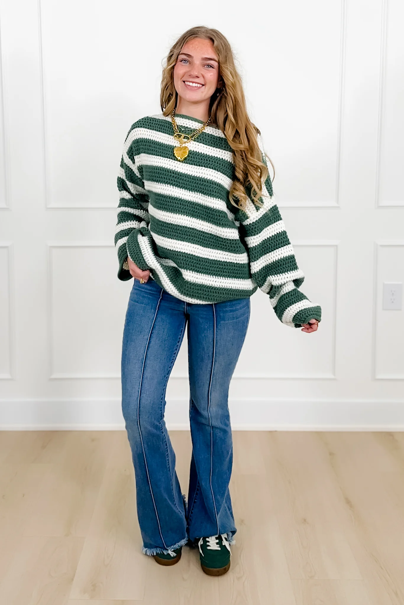 Stripe Long Sleeve Boat Neck Knit Sweater - Image 2