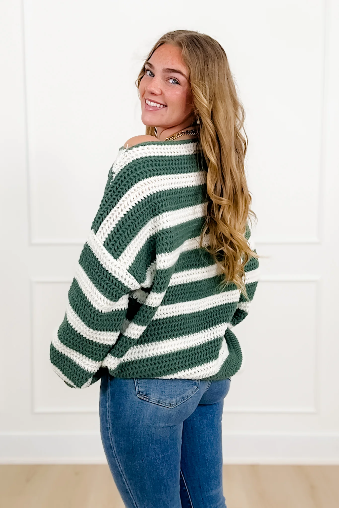 Stripe Long Sleeve Boat Neck Knit Sweater - Image 3