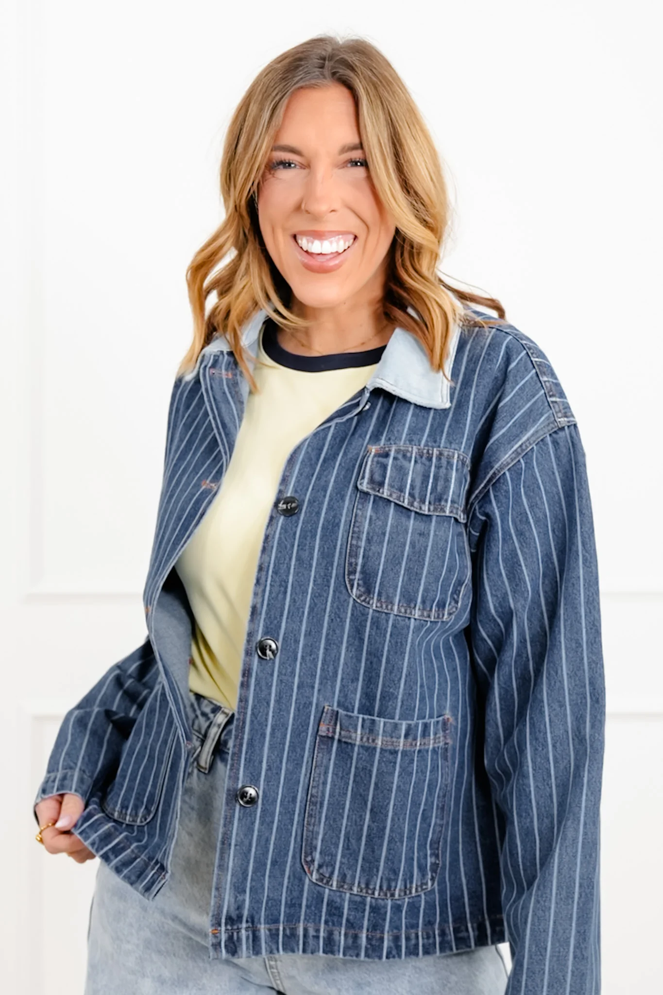 Stripe Long Sleeve Button Down Barn Jacket - Image 4