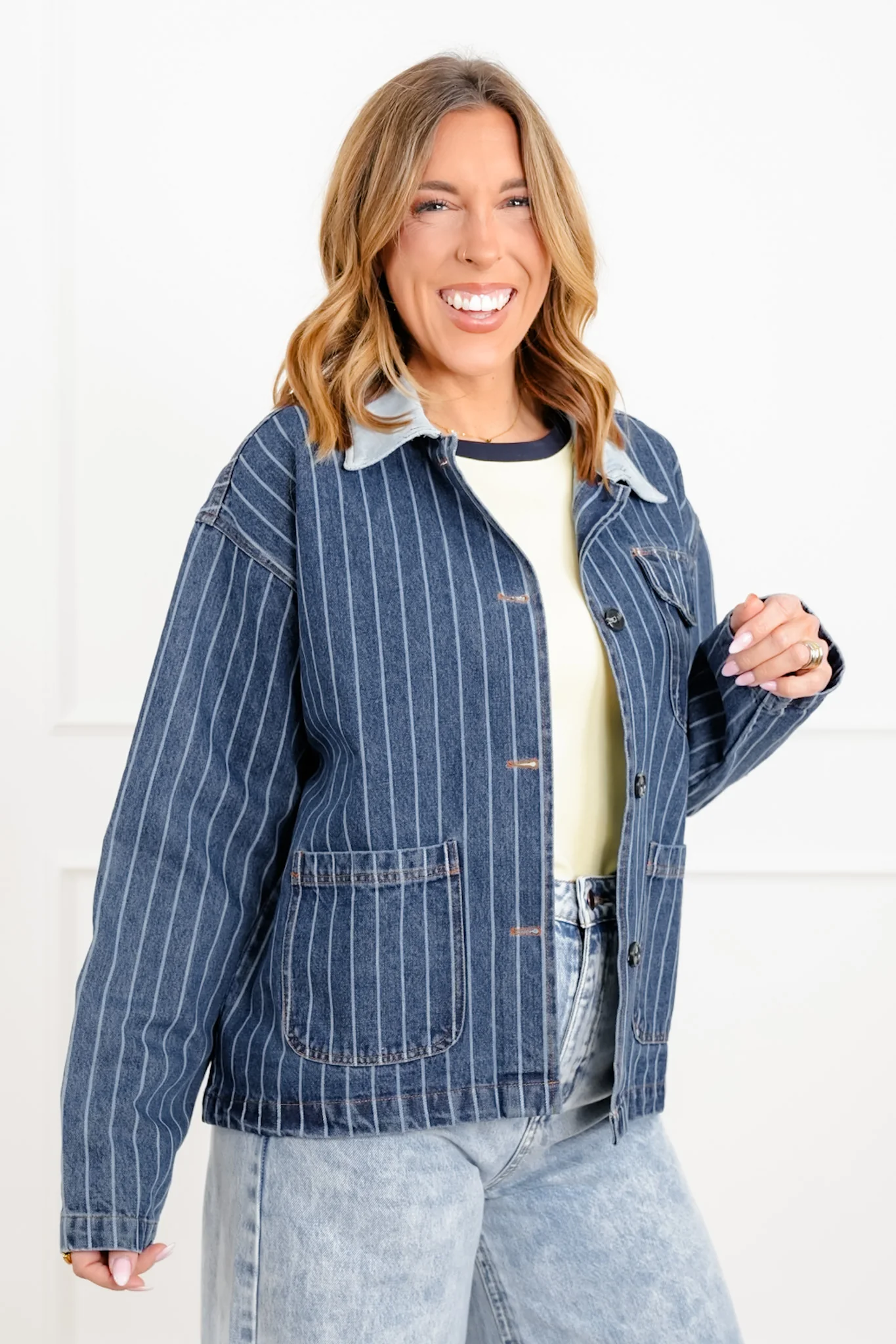 Stripe Long Sleeve Button Down Barn Jacket - Image 6