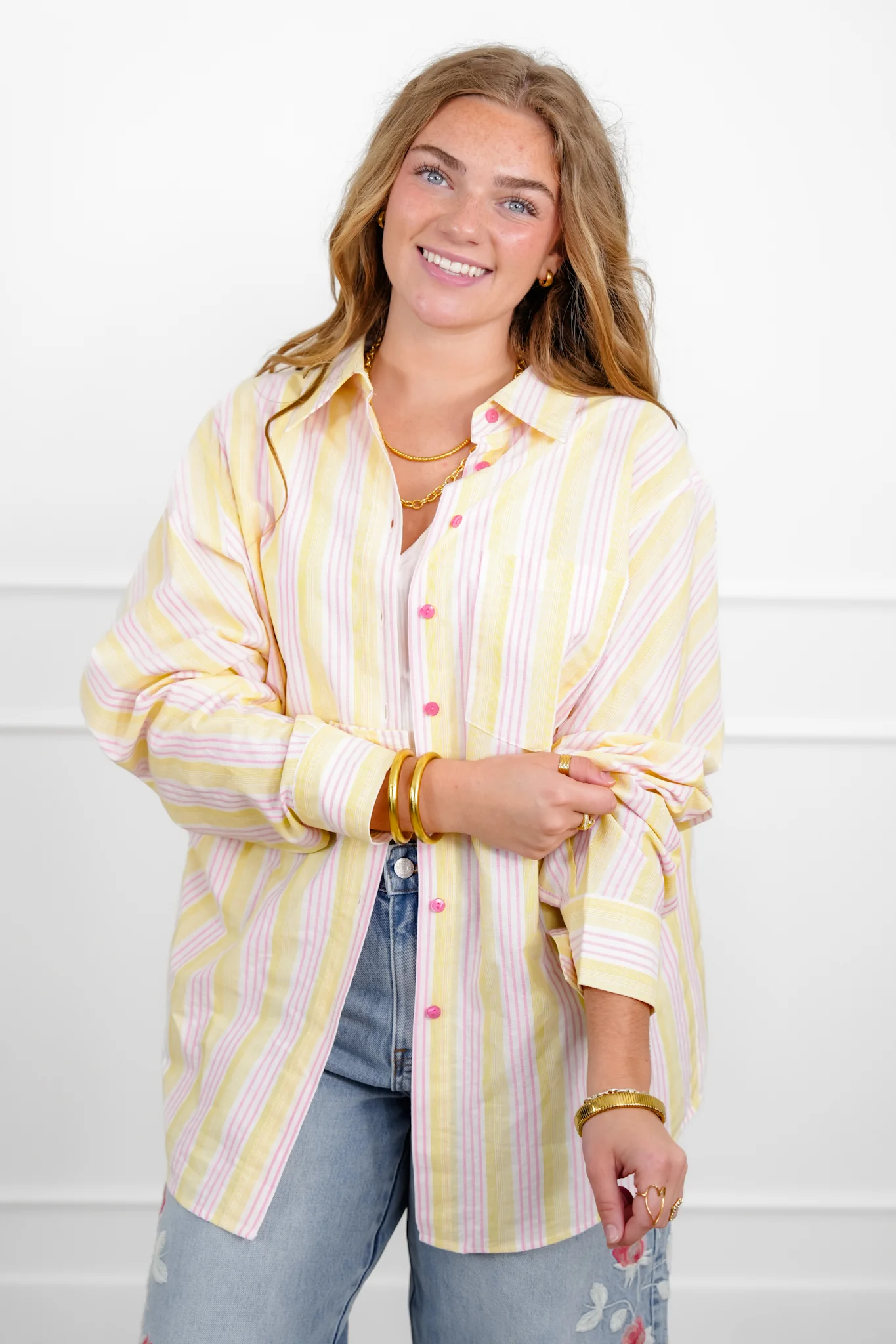 Stripe Long Sleeve Button Down Collared Top - Image 2
