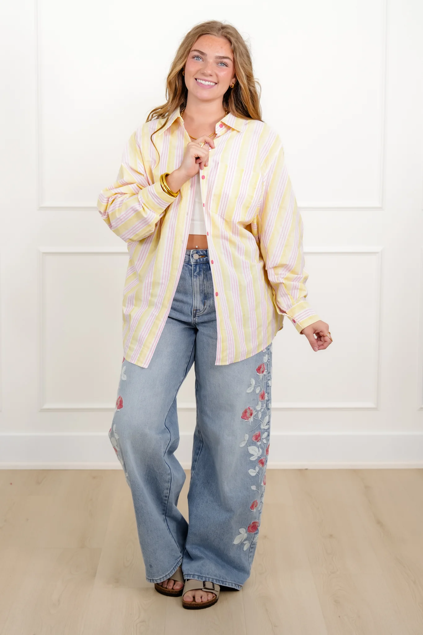 Stripe Long Sleeve Button Down Collared Top - Image 3