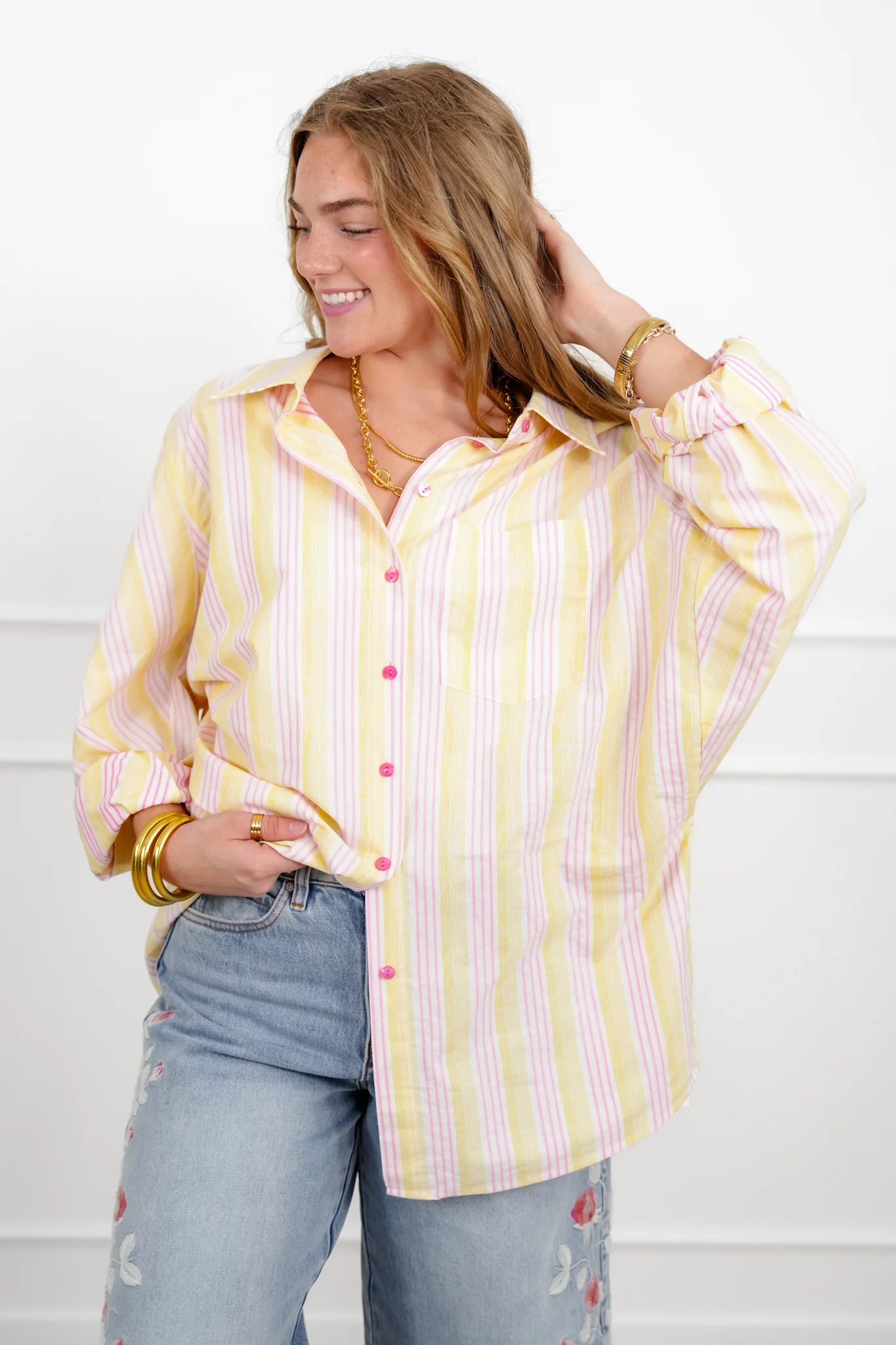 Stripe Long Sleeve Button Down Collared Top - Image 4