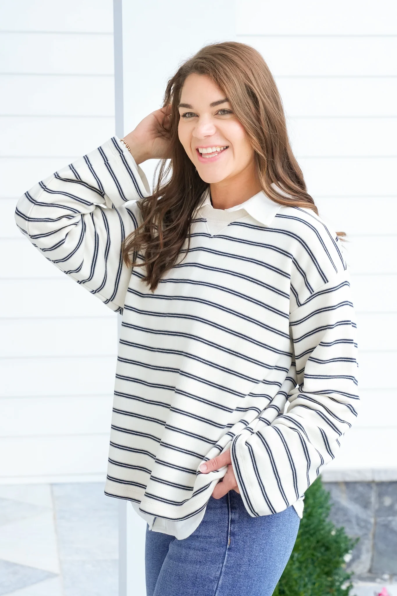 Stripe Long Sleeve Crew Neck Pullover Top - Image 3