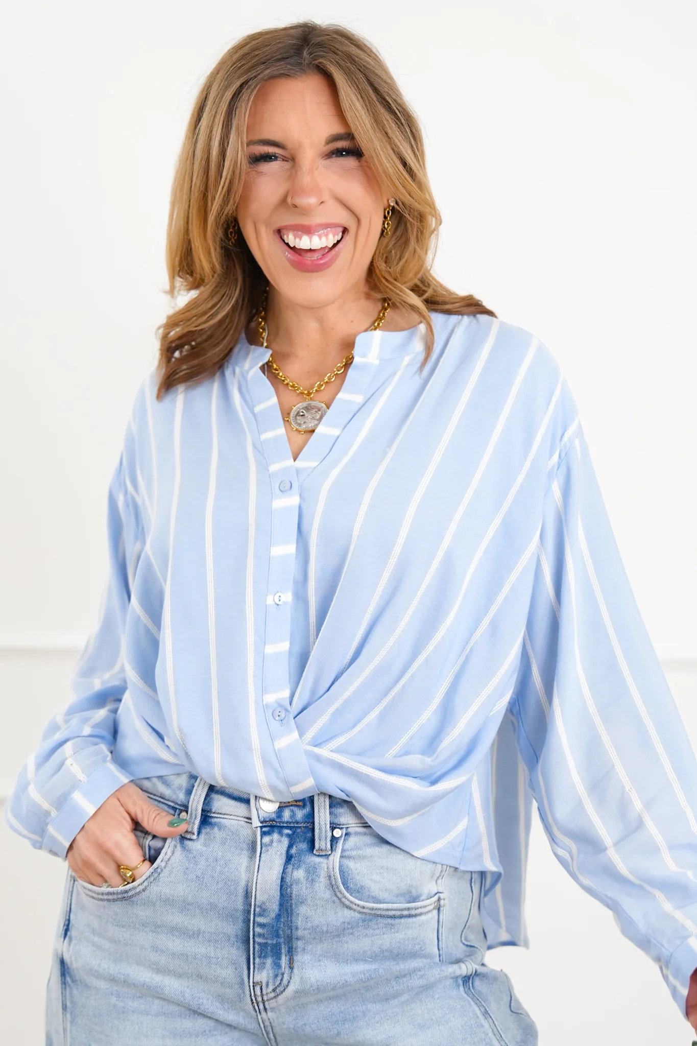 Plus/Reg FP x Skies are Blue Stripe Long Sleeve High Low Twist Knot Top - Image 5