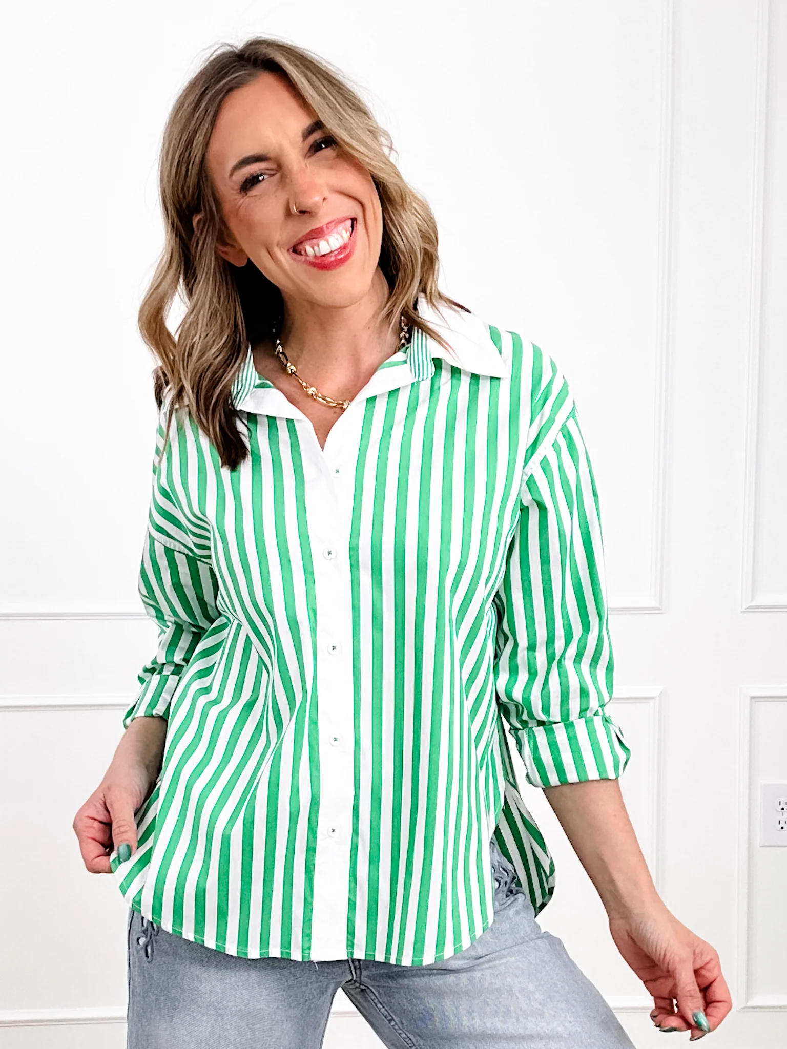 Restock! Stripe Long Sleeve Poplin Button Down Shirt - Image 9