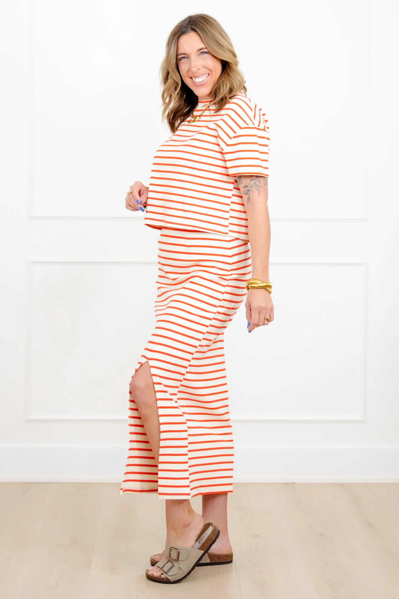 Stripe Short Sleeve Top and Midi Skirt Set - Image 2