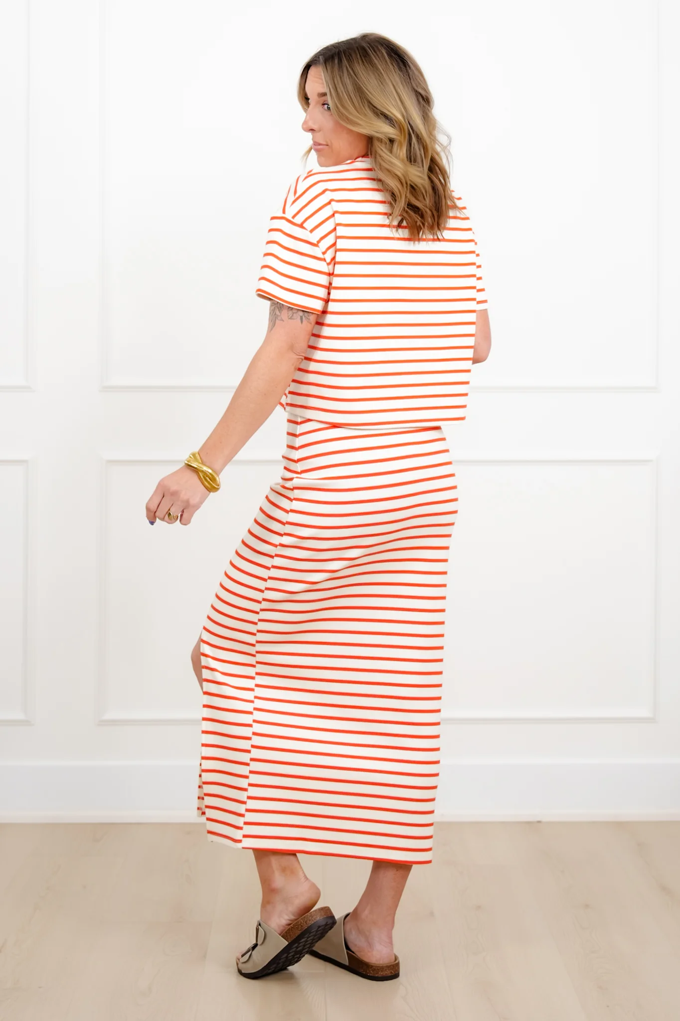 Stripe Short Sleeve Top and Midi Skirt Set - Image 5