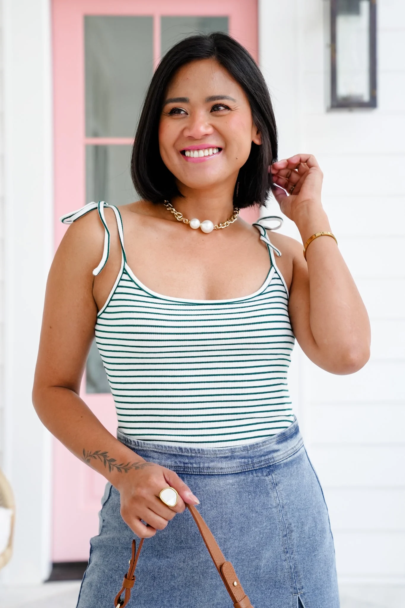 Stripe Sleeveless Shoulder Tie Bodysuit - Image 3