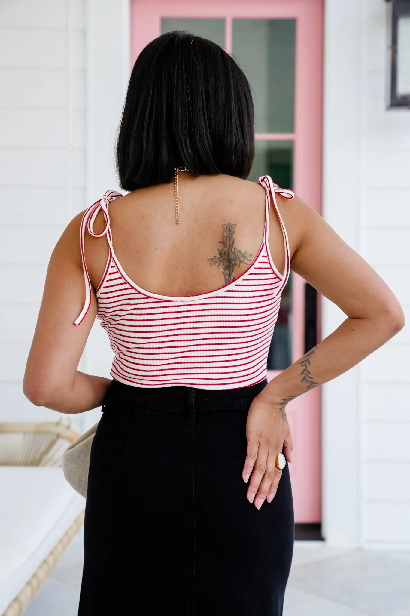 Stripe Sleeveless Shoulder Tie Bodysuit - Image 6