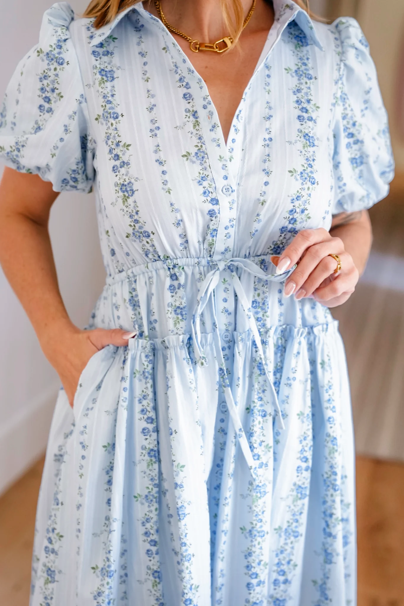 Striped Floral Short Sleeve Button Down Midi Dress - Image 2