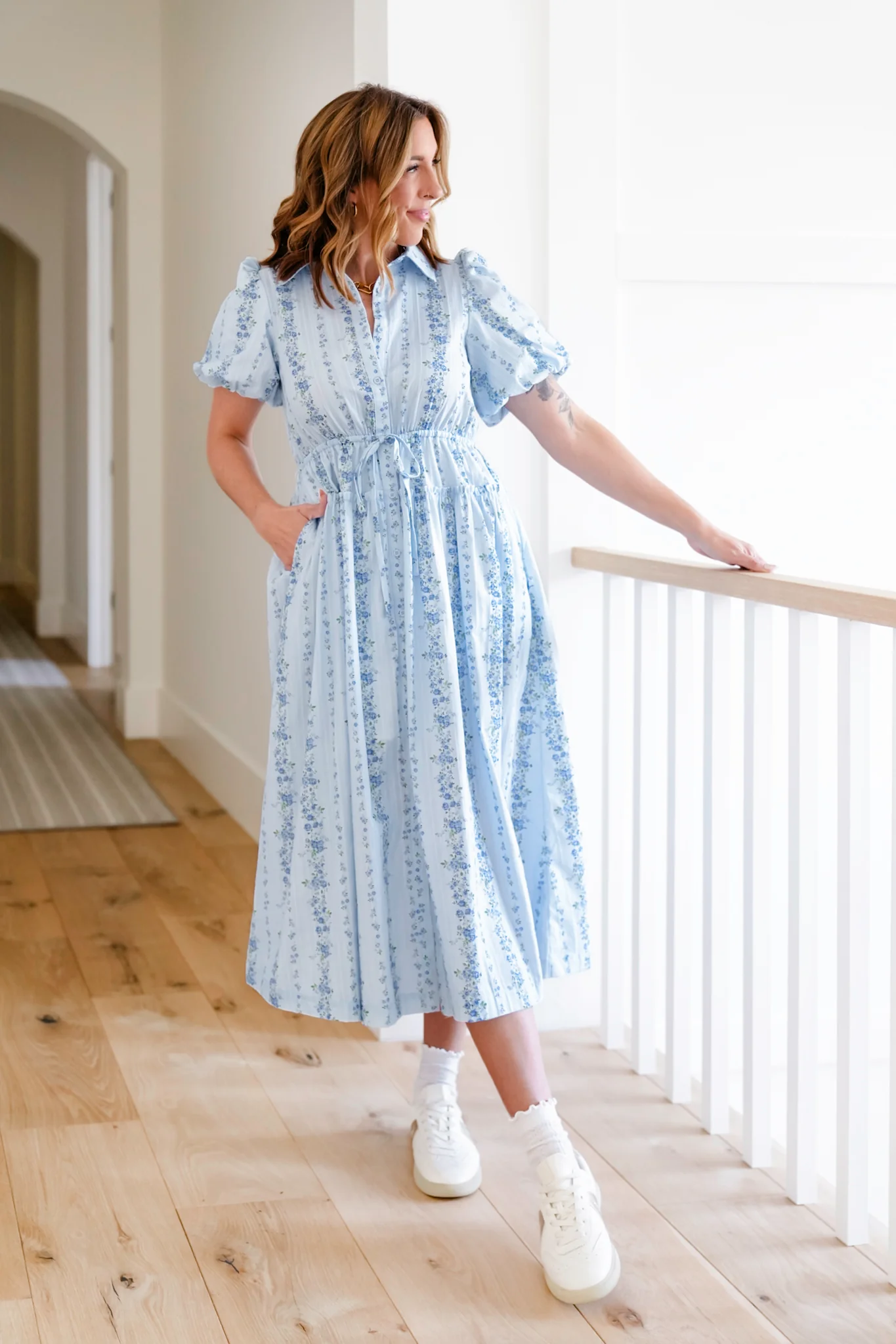 Striped Floral Short Sleeve Button Down Midi Dress - Image 3