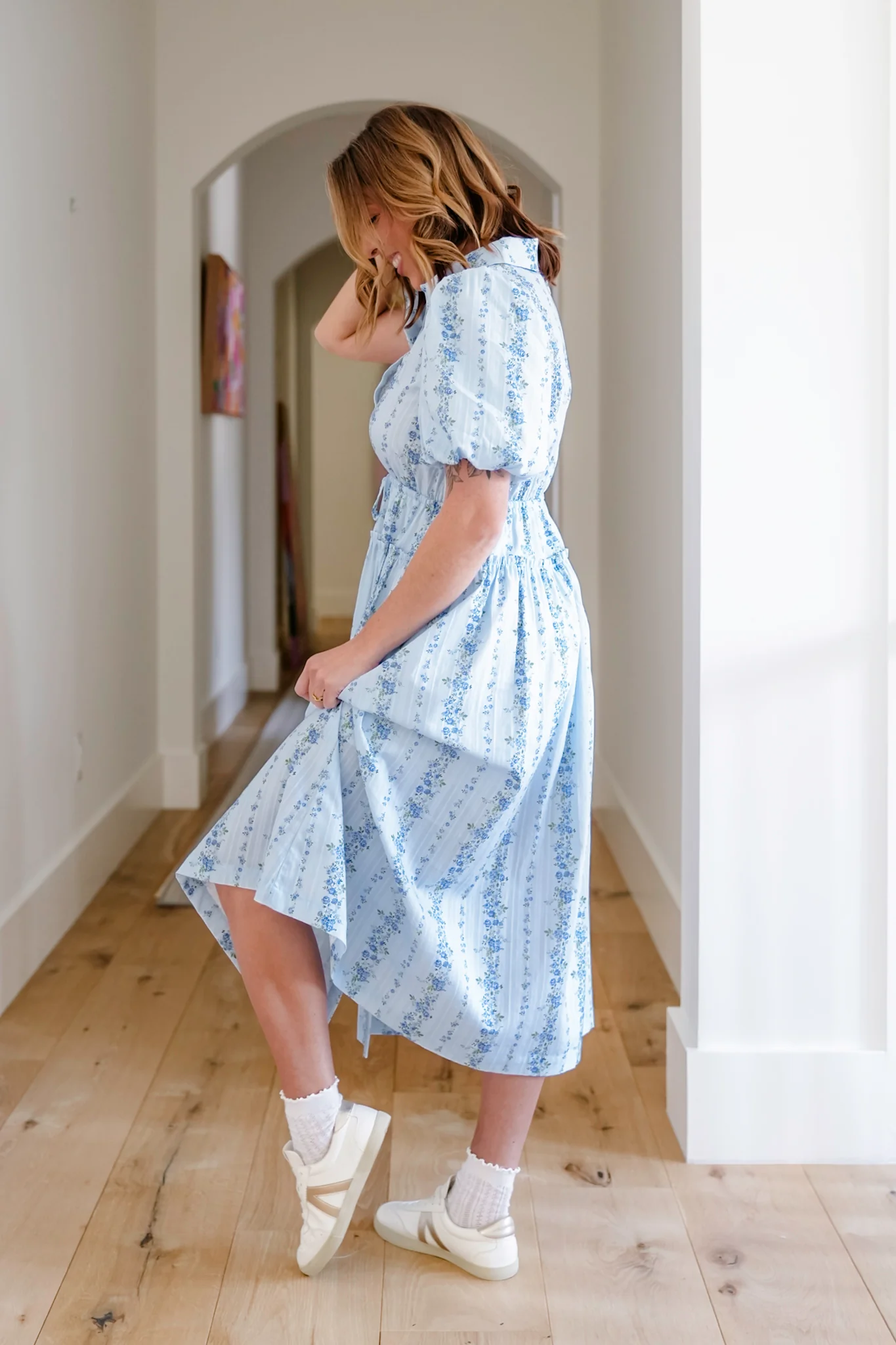 Striped Floral Short Sleeve Button Down Midi Dress - Image 4