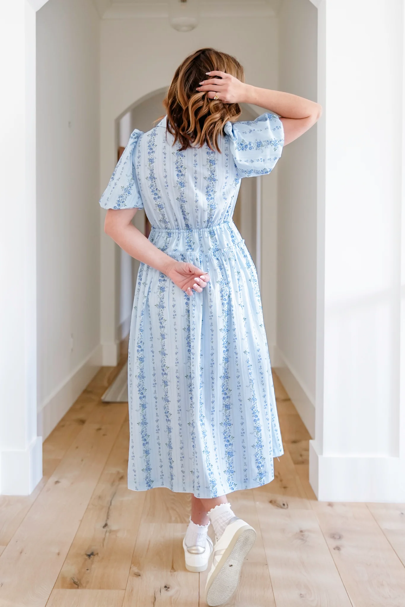 Striped Floral Short Sleeve Button Down Midi Dress - Image 5