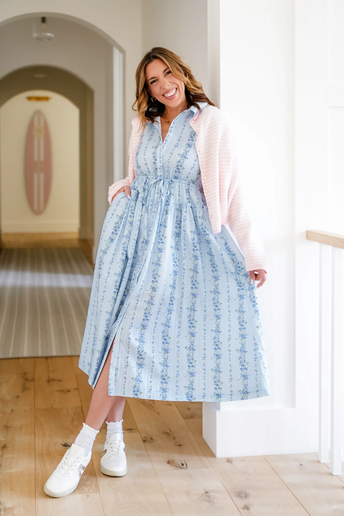 Striped Floral Short Sleeve Button Down Midi Dress - Image 6