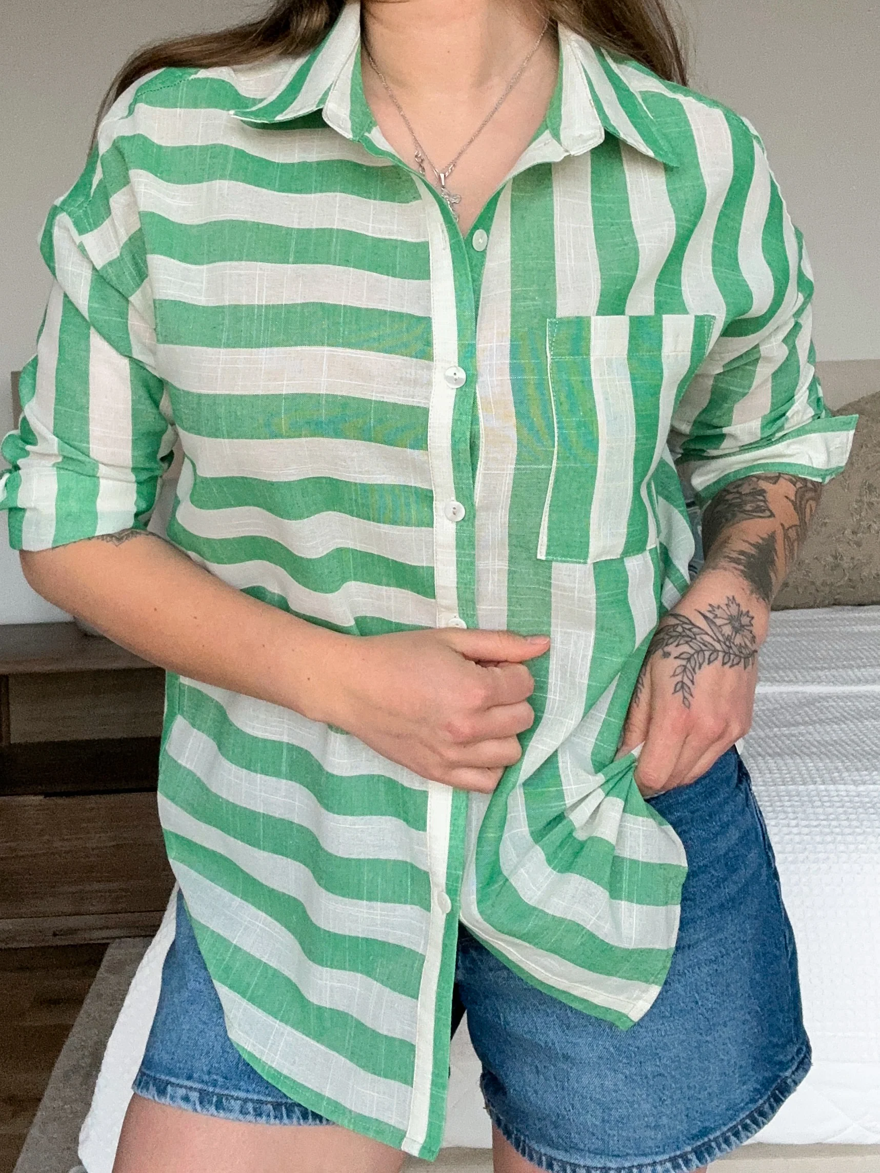 Striped Long Sleeve Button Down Collared Top - Image 11