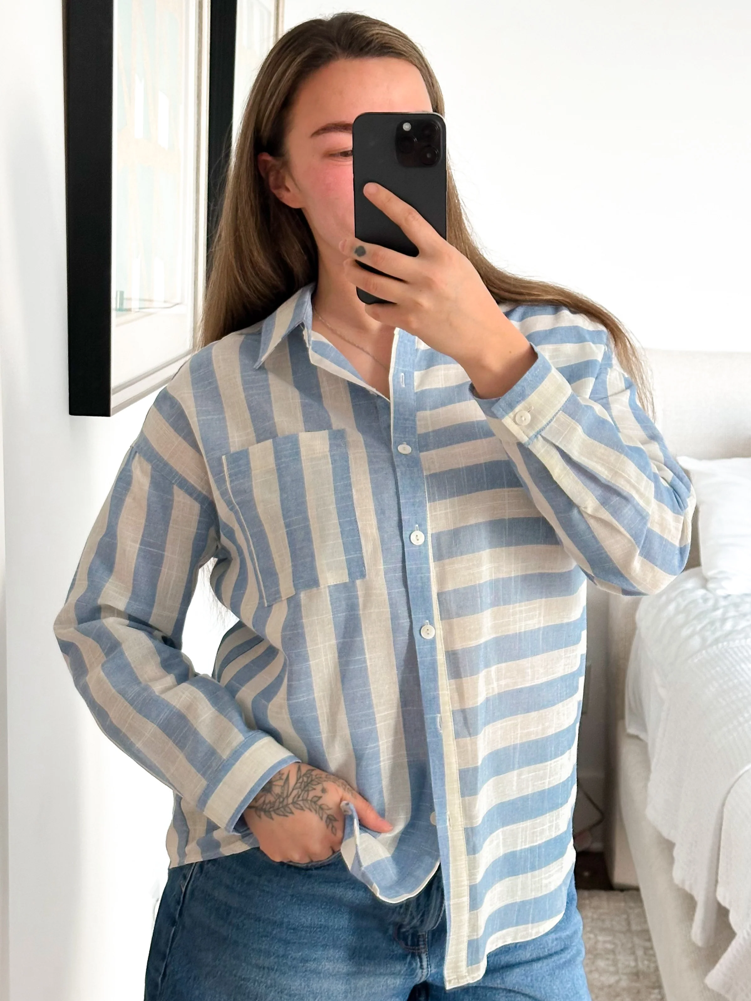 Striped Long Sleeve Button Down Collared Top - Image 7