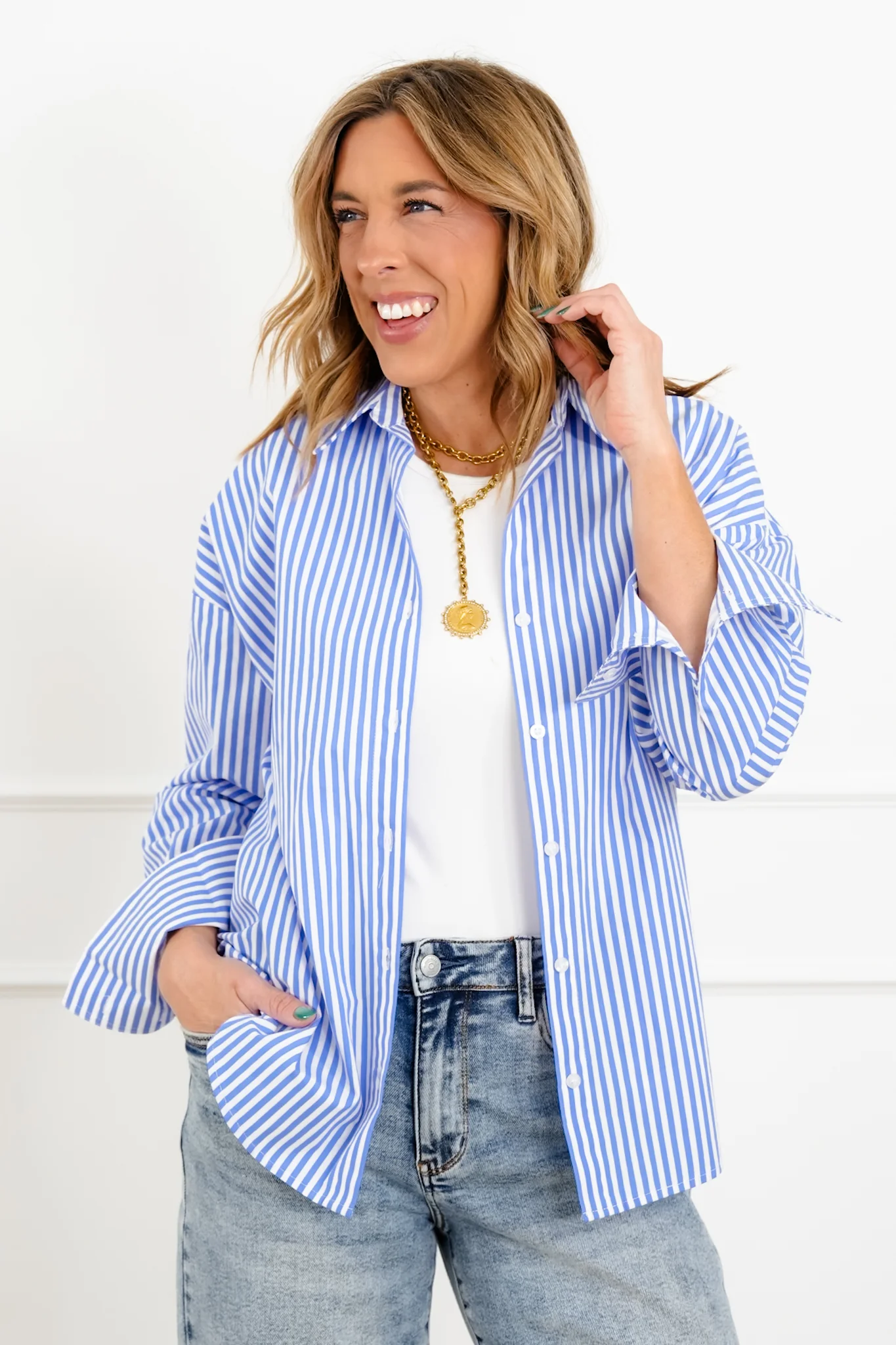 Striped Long Sleeve Button Up Blouse - Image 2