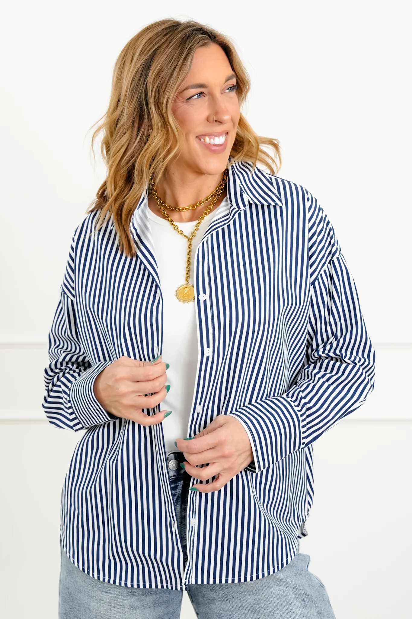 Striped Long Sleeve Button Up Blouse - Image 4